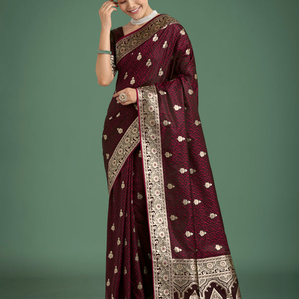 Monjolika Fashion Maroon Banarasi Satin Silk Saree with Intricate Zari Work with Rich Weaving Pattern - Distacart