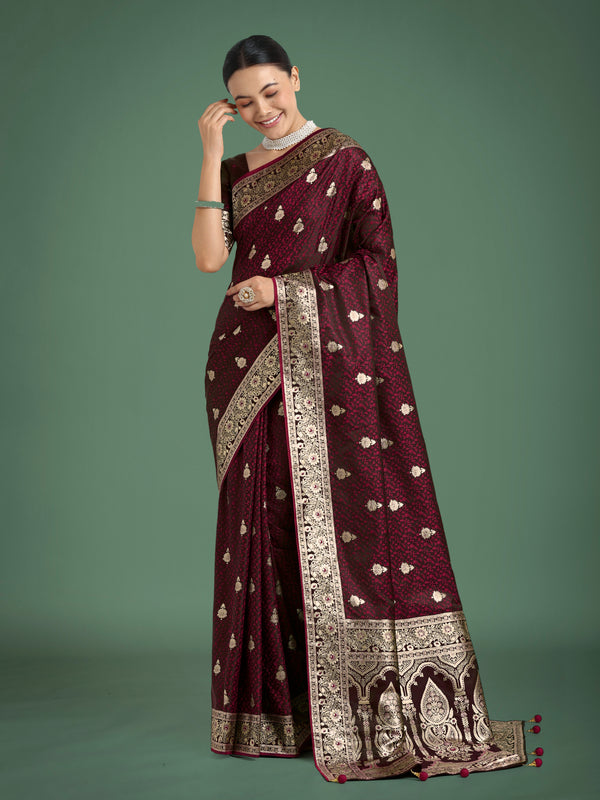 Monjolika Fashion Maroon Banarasi Satin Silk Saree with Intricate Zari Work with Rich Weaving Pattern