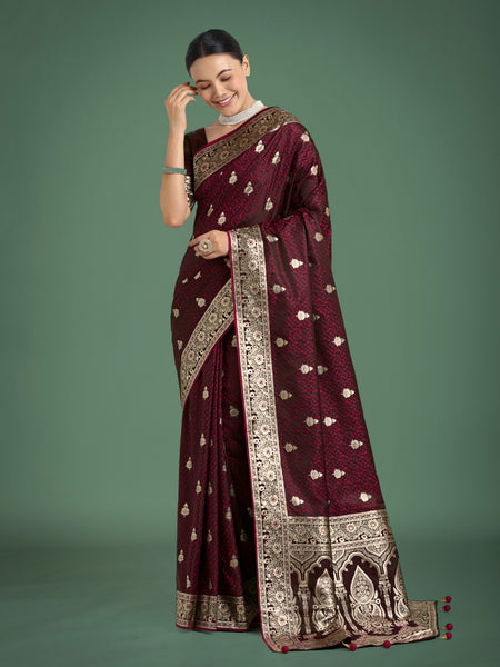 Monjolika Fashion Maroon Banarasi Satin Silk Saree with Intricate Zari Work with Rich Weaving Pattern