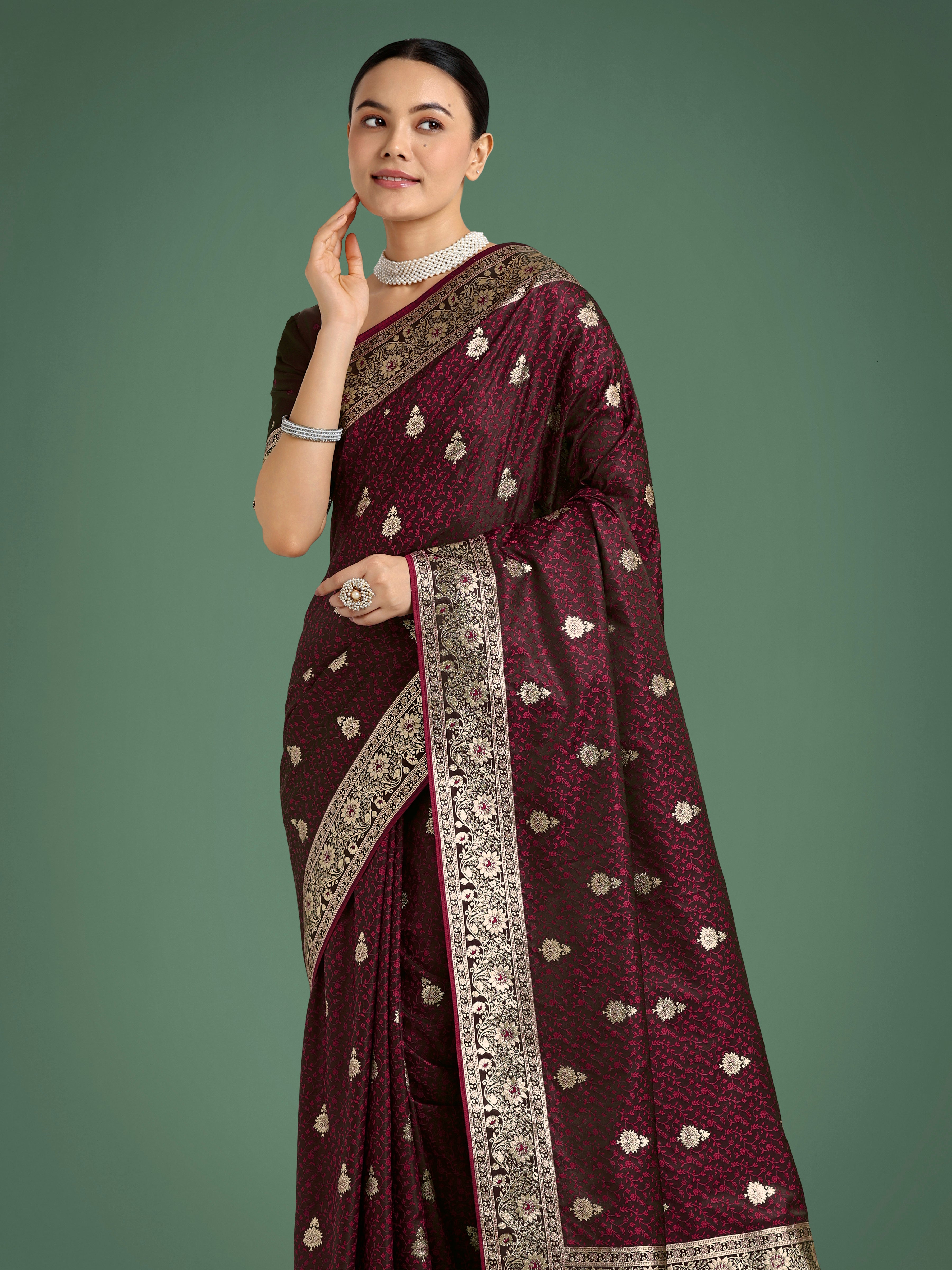 Monjolika Fashion Maroon Banarasi Satin Silk Saree with Intricate Zari Work with Rich Weaving Pattern