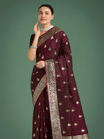 Thumbnail for Monjolika Fashion Maroon Banarasi Satin Silk Saree with Intricate Zari Work with Rich Weaving Pattern