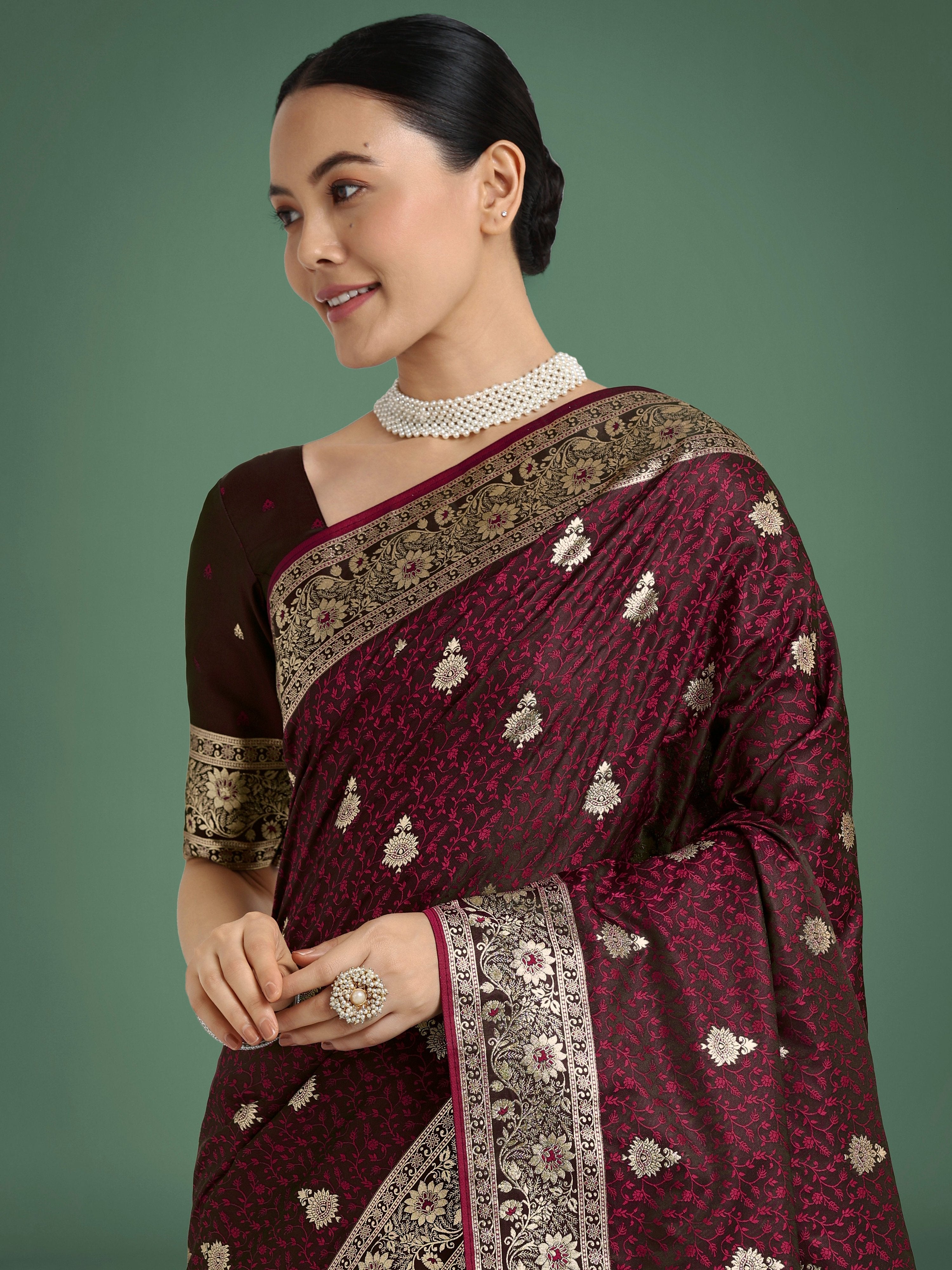 Monjolika Fashion Maroon Banarasi Satin Silk Saree with Intricate Zari Work with Rich Weaving Pattern