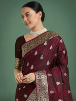Thumbnail for Monjolika Fashion Maroon Banarasi Satin Silk Saree with Intricate Zari Work with Rich Weaving Pattern