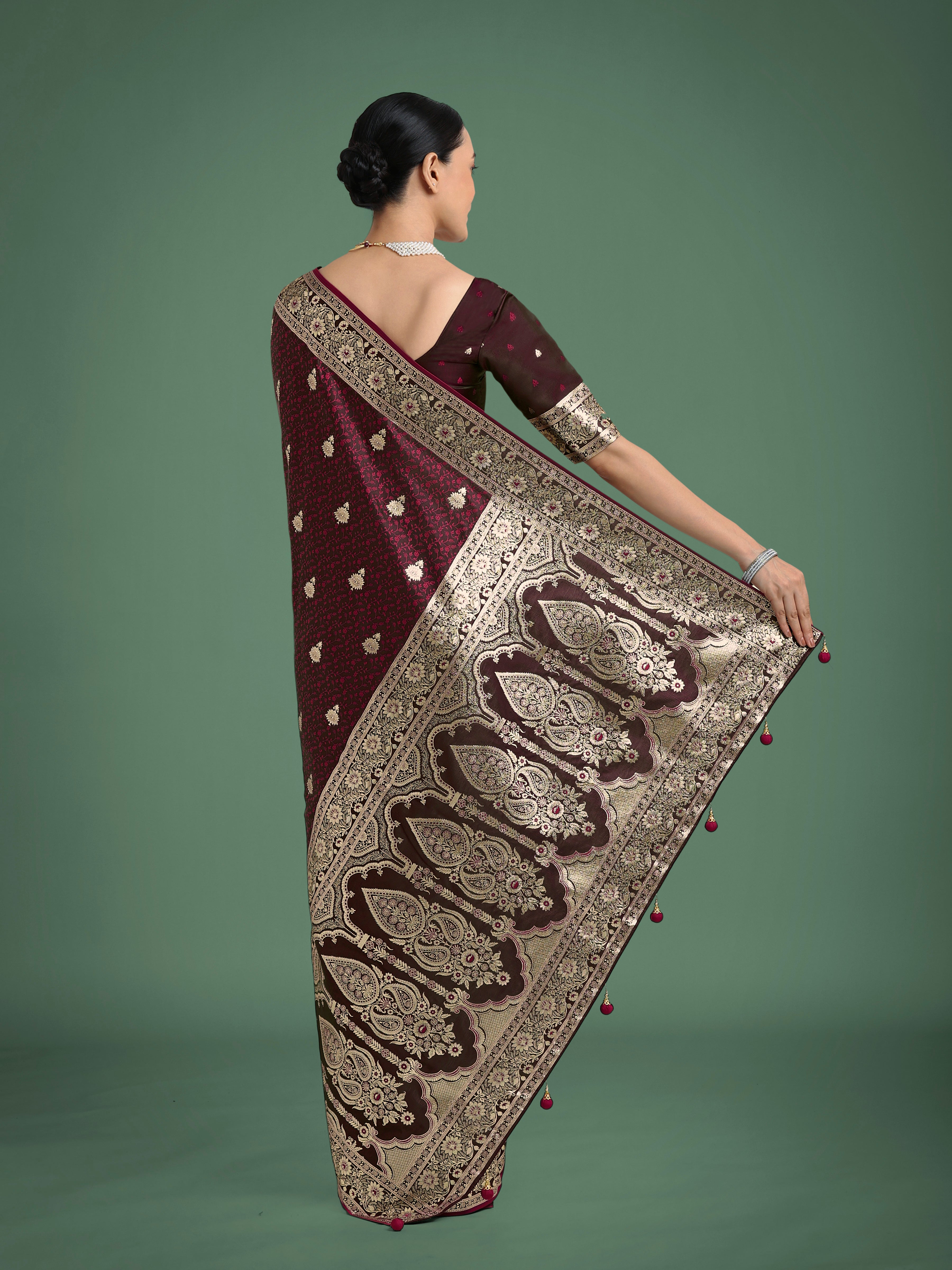 Monjolika Fashion Maroon Banarasi Satin Silk Saree with Intricate Zari Work with Rich Weaving Pattern
