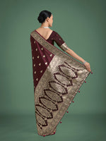 Thumbnail for Monjolika Fashion Maroon Banarasi Satin Silk Saree with Intricate Zari Work with Rich Weaving Pattern