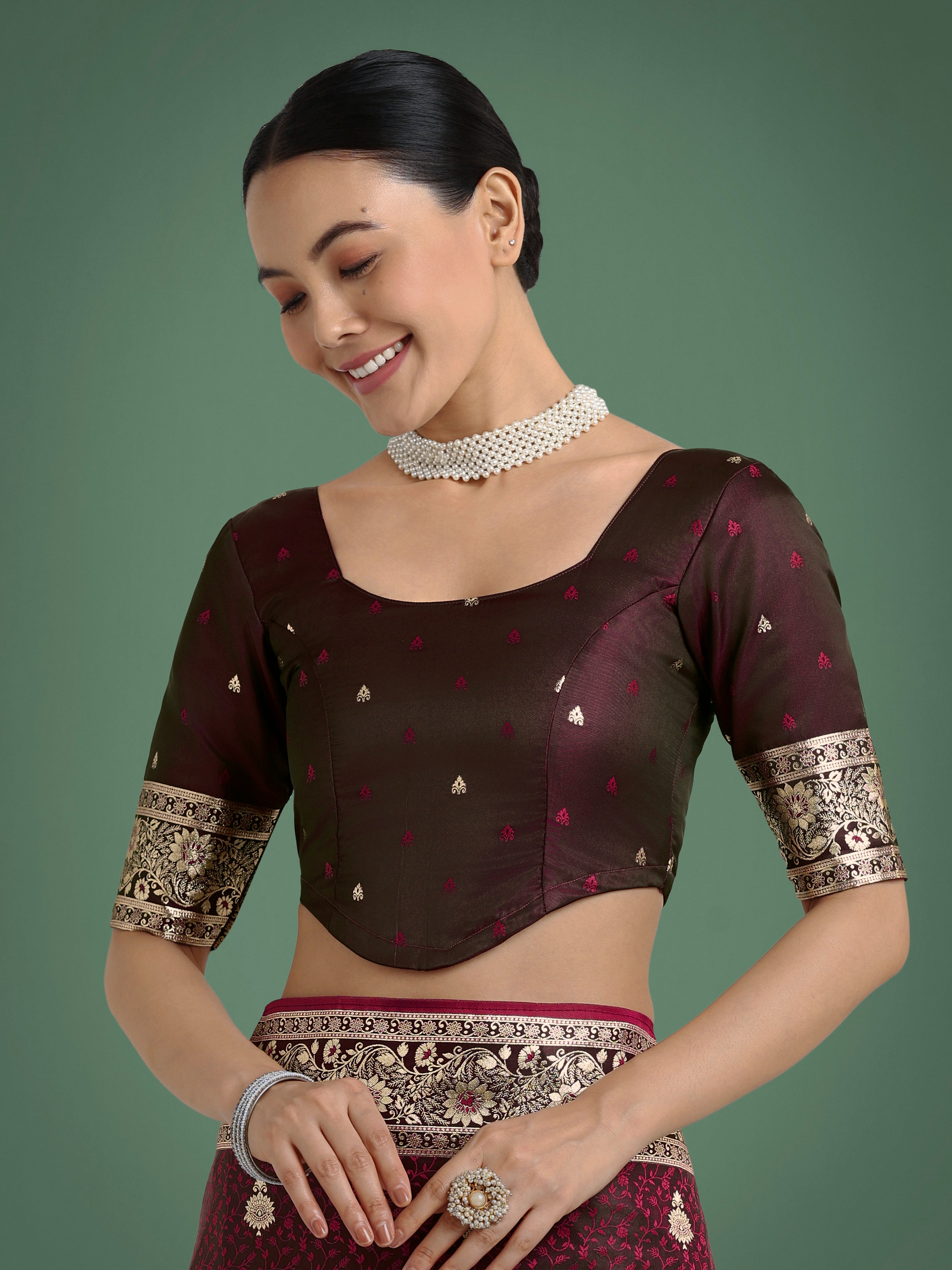 Monjolika Fashion Maroon Banarasi Satin Silk Saree with Intricate Zari Work with Rich Weaving Pattern