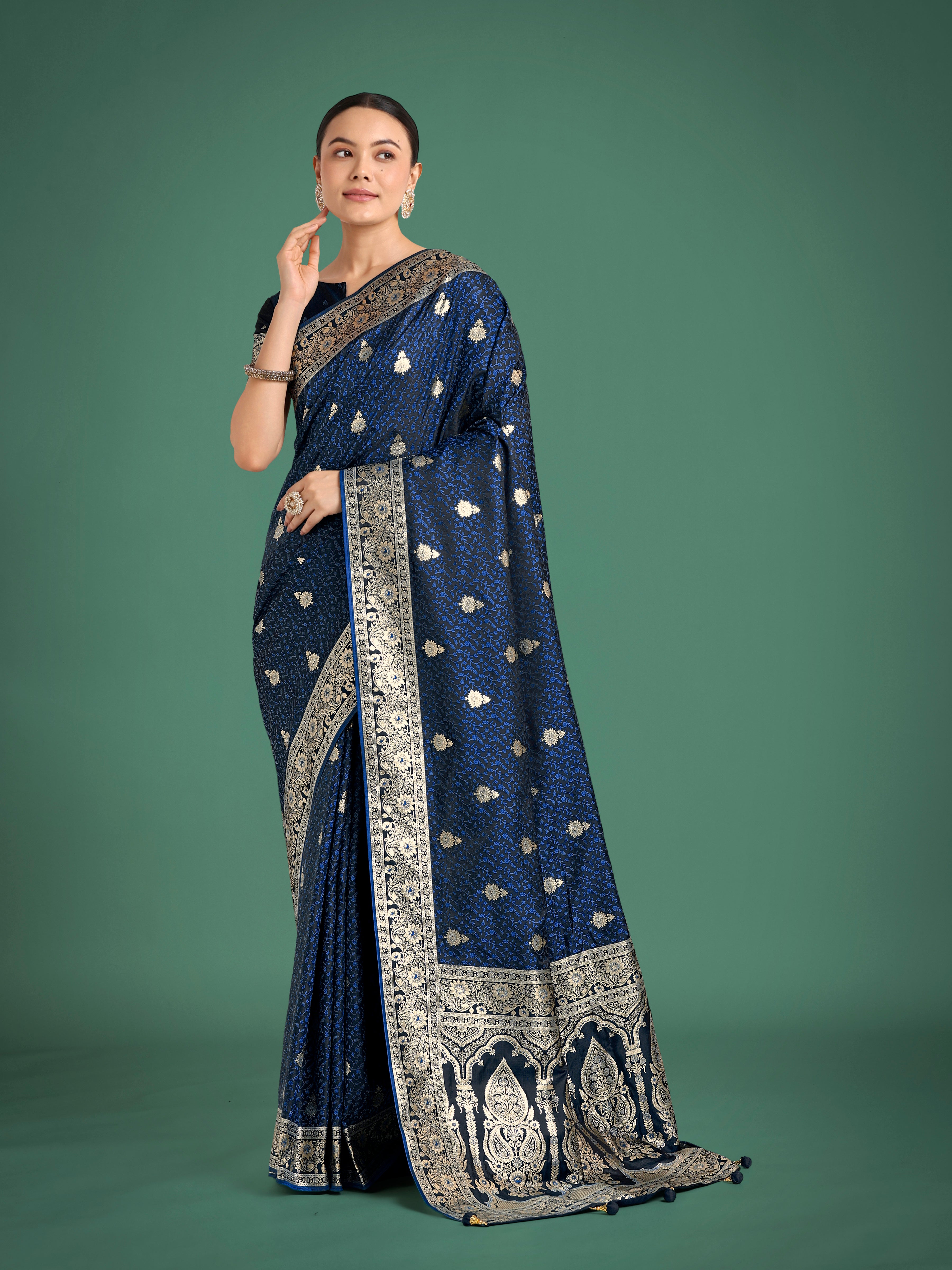 Monjolika Fashion Blue Banarasi Satin Silk Saree with Intricate Zari Work with Rich Weaving Pattern