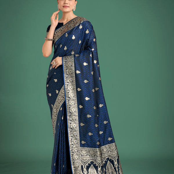 Monjolika Fashion Blue Banarasi Satin Silk Saree with Intricate Zari Work with Rich Weaving Pattern - Distacart