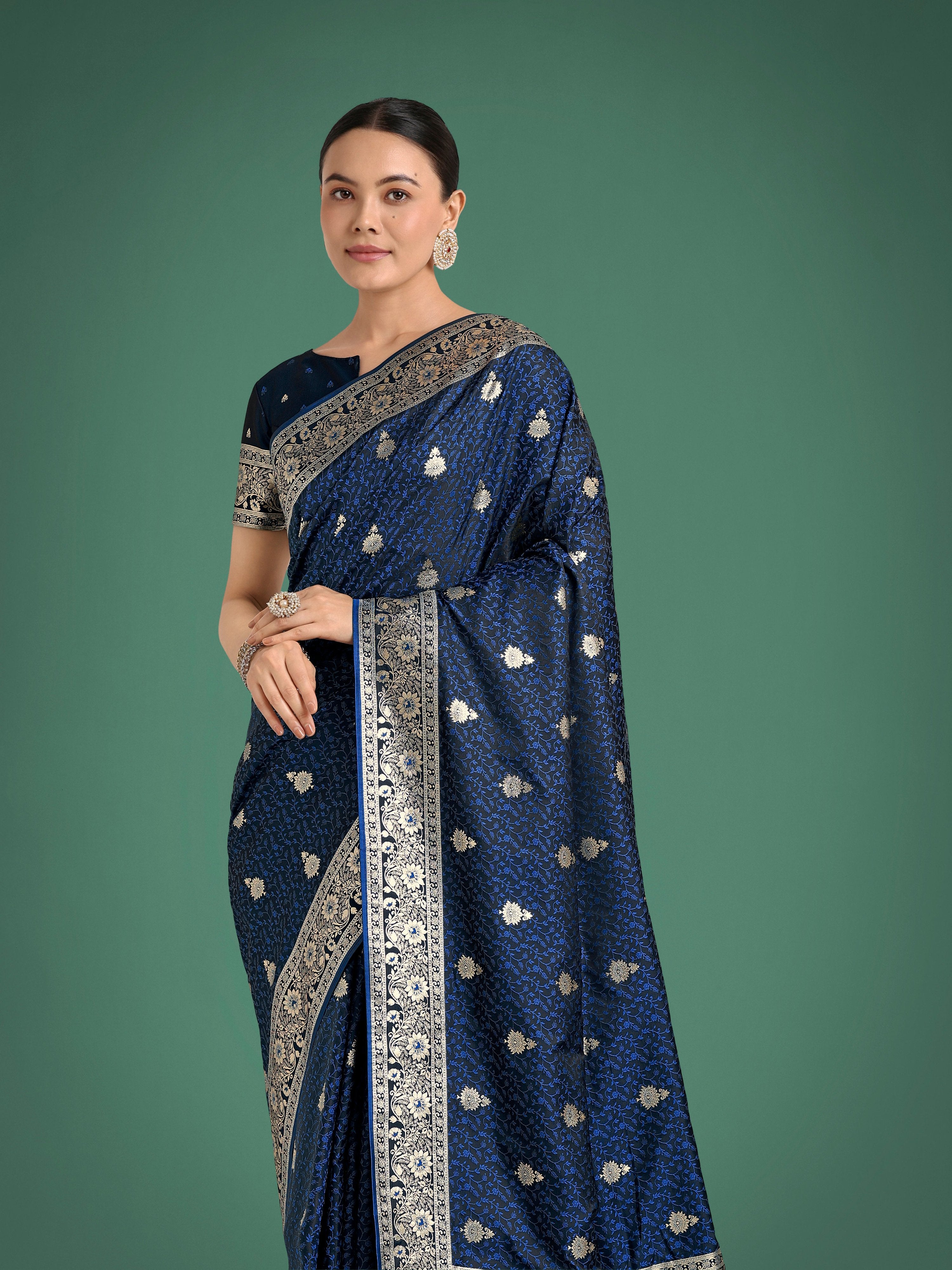 Monjolika Fashion Blue Banarasi Satin Silk Saree with Intricate Zari Work with Rich Weaving Pattern