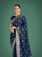 Thumbnail for Monjolika Fashion Blue Banarasi Satin Silk Saree with Intricate Zari Work with Rich Weaving Pattern