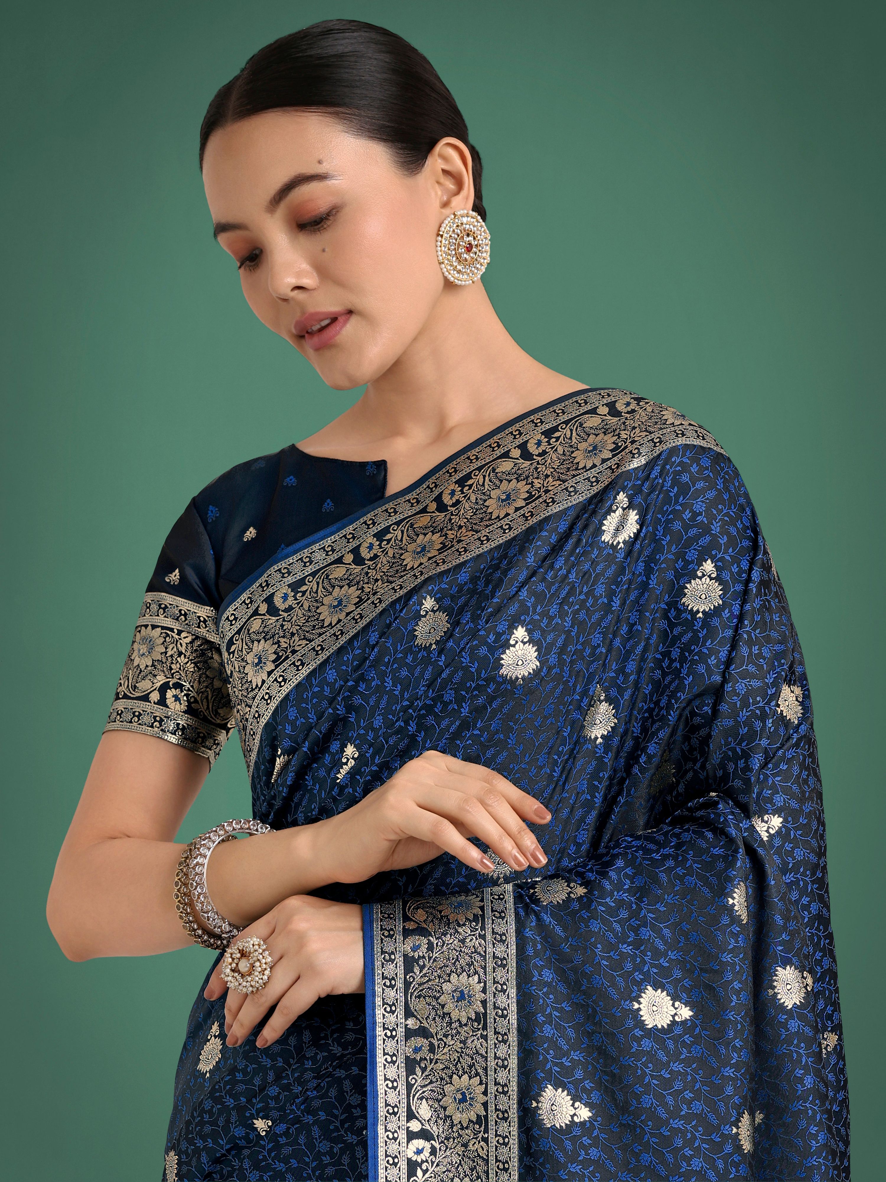 Monjolika Fashion Blue Banarasi Satin Silk Saree with Intricate Zari Work with Rich Weaving Pattern