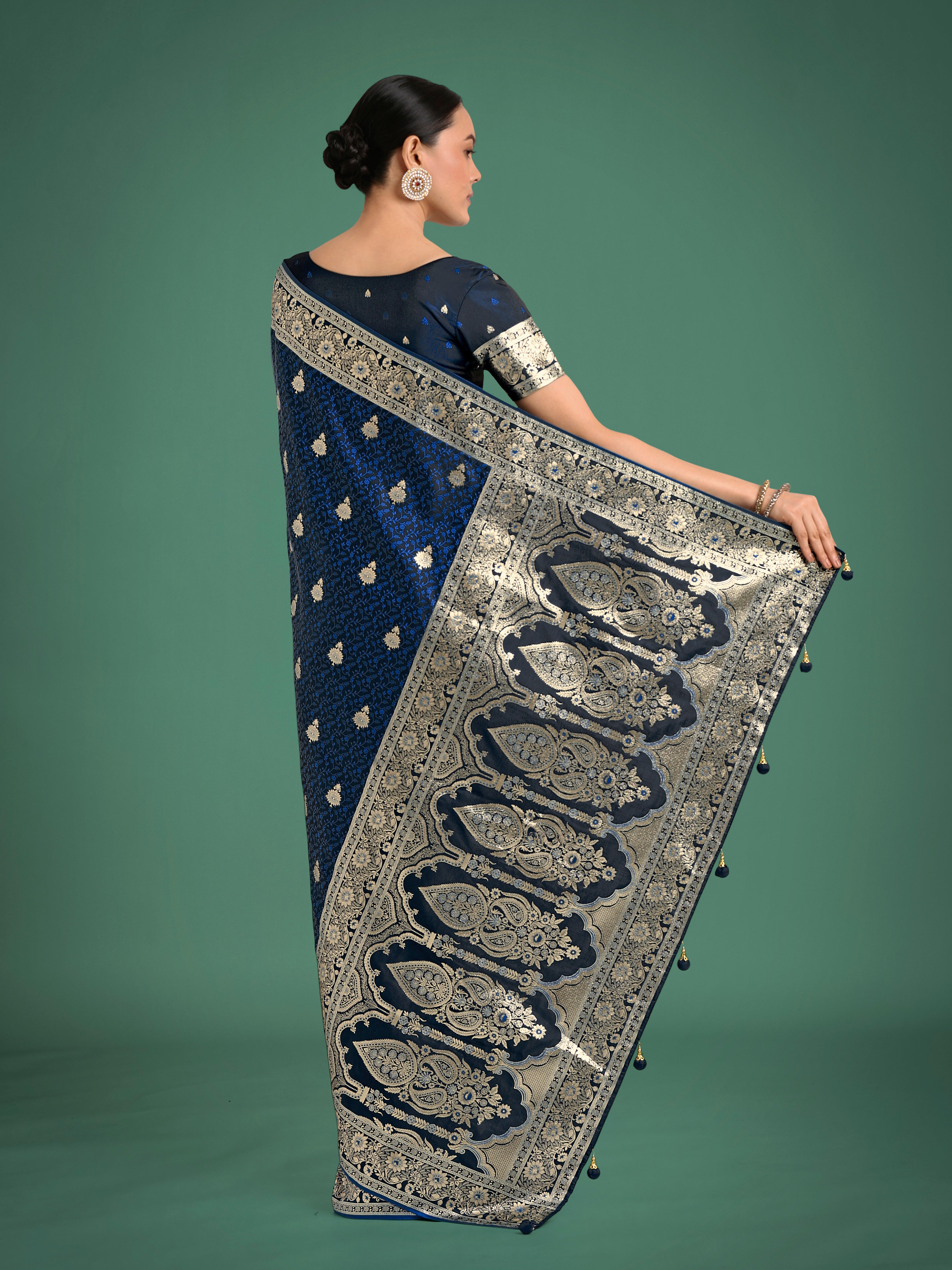 Monjolika Fashion Blue Banarasi Satin Silk Saree with Intricate Zari Work with Rich Weaving Pattern
