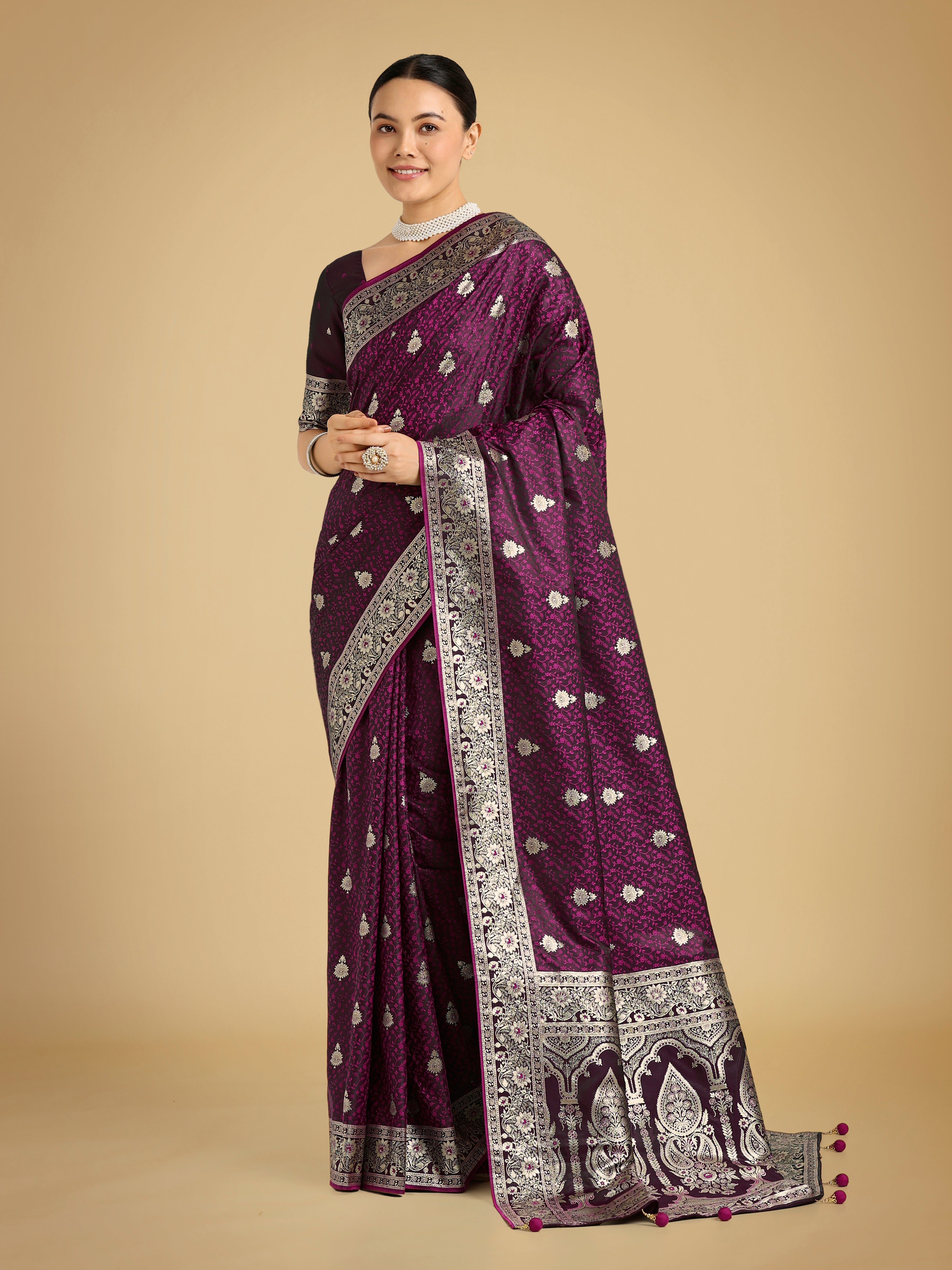 Monjolika Fashion Wine Banarasi Satin Silk Saree with Intricate Zari Work with Rich Weaving Pattern