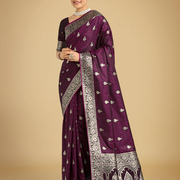 Monjolika Fashion Wine Banarasi Satin Silk Saree with Intricate Zari Work with Rich Weaving Pattern - Distacart