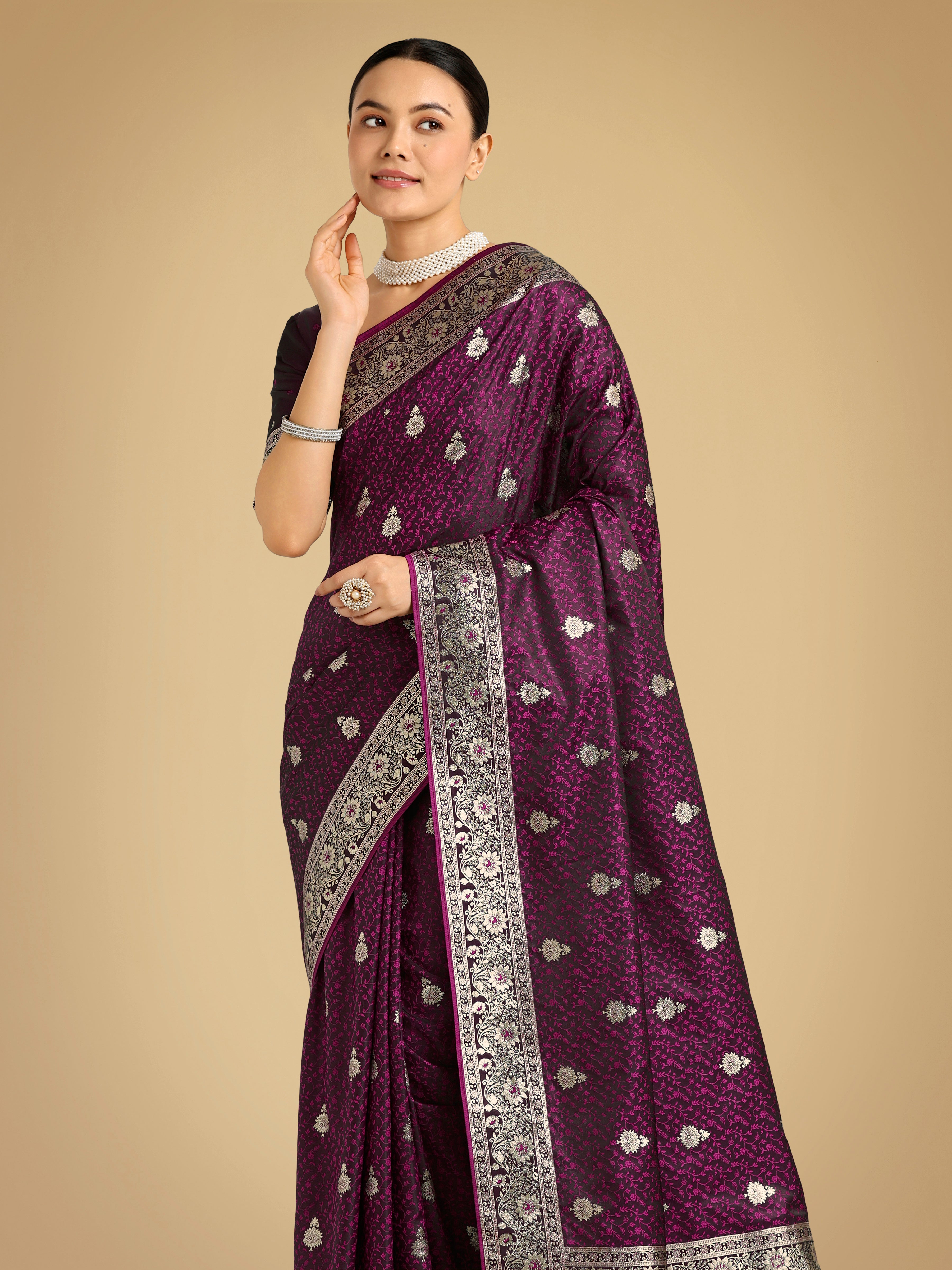 Monjolika Fashion Wine Banarasi Satin Silk Saree with Intricate Zari Work with Rich Weaving Pattern