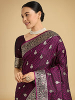 Thumbnail for Monjolika Fashion Wine Banarasi Satin Silk Saree with Intricate Zari Work with Rich Weaving Pattern