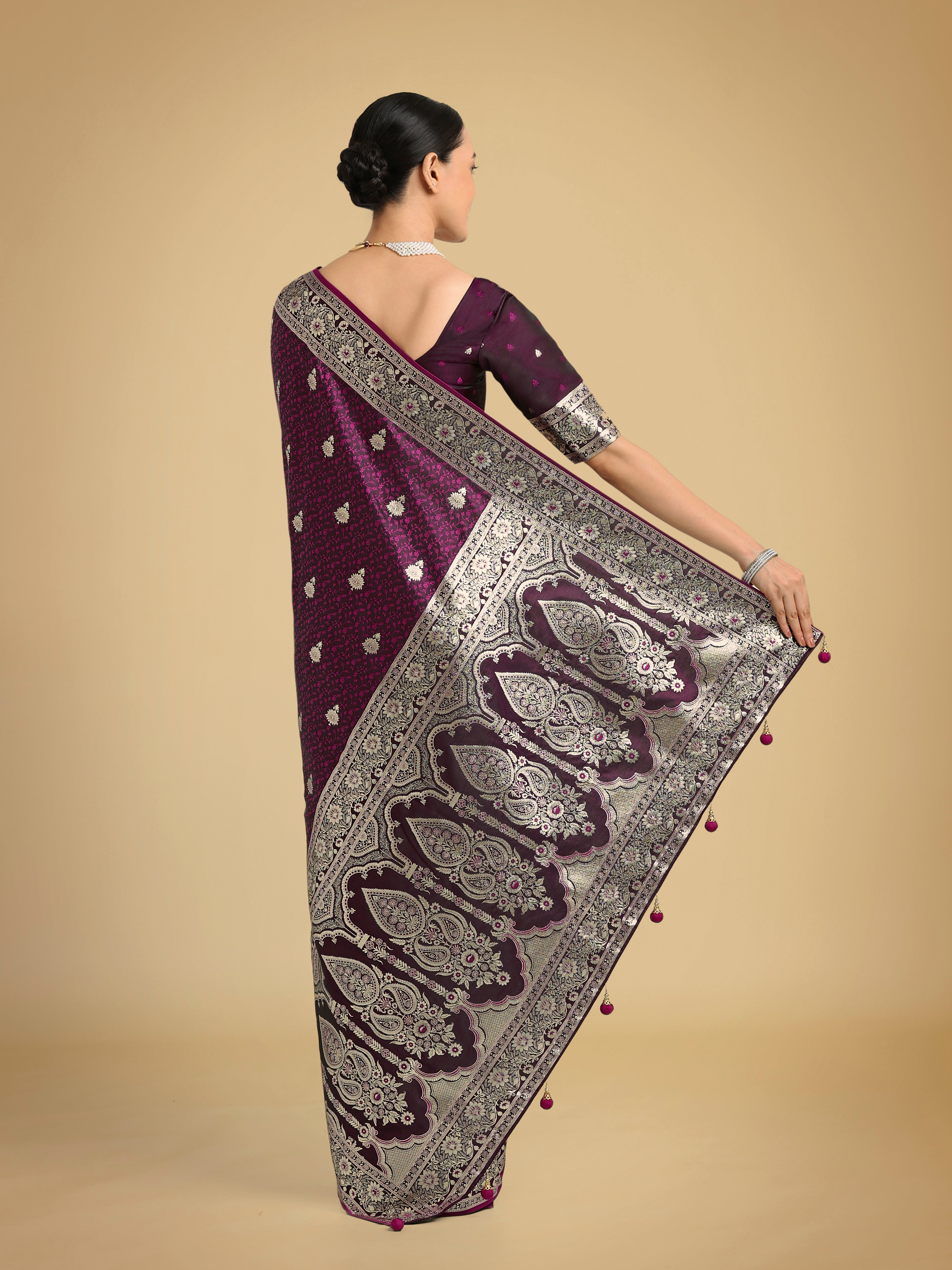 Monjolika Fashion Wine Banarasi Satin Silk Saree with Intricate Zari Work with Rich Weaving Pattern