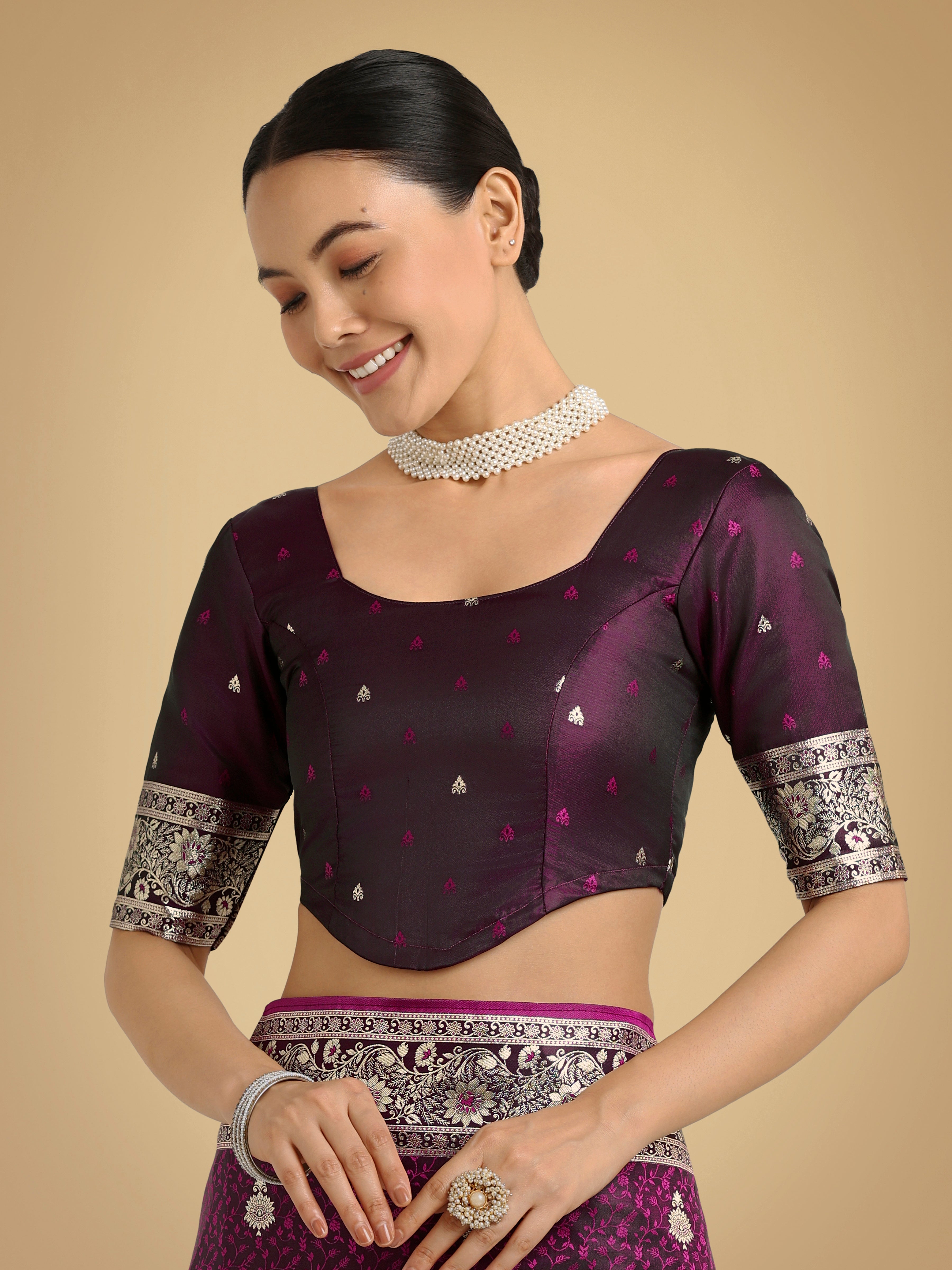 Monjolika Fashion Wine Banarasi Satin Silk Saree with Intricate Zari Work with Rich Weaving Pattern