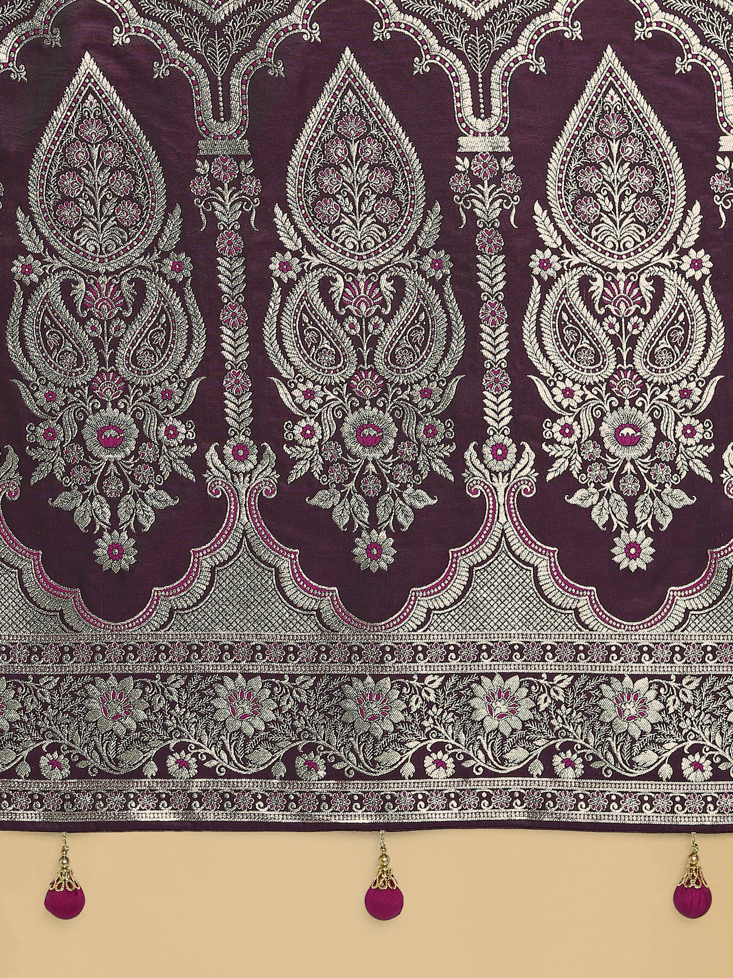 Monjolika Fashion Wine Banarasi Satin Silk Saree with Intricate Zari Work with Rich Weaving Pattern