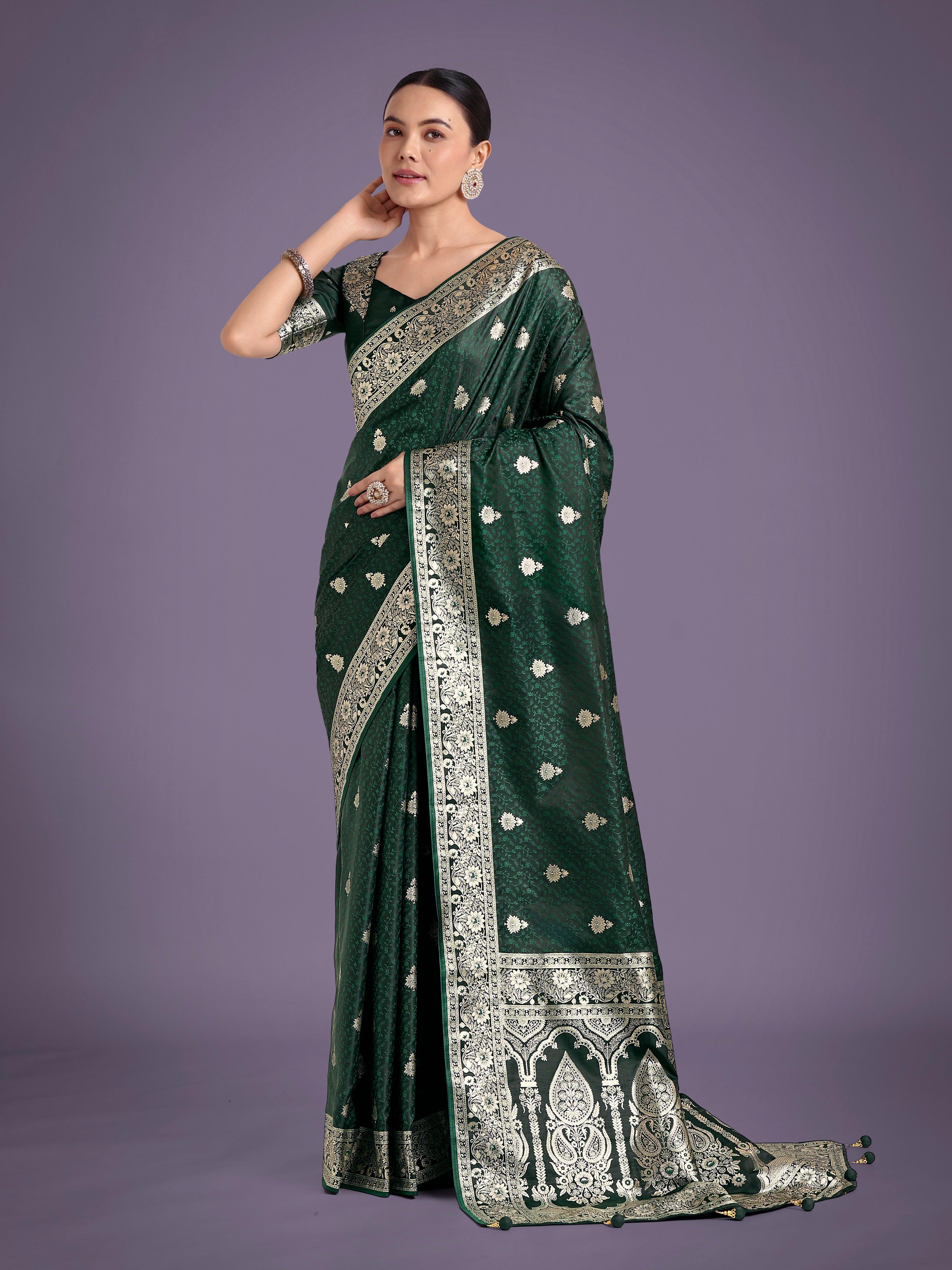 Monjolika Fashion Dark Green Banarasi Satin Silk Saree with Intricate Zari Work with Rich Weaving Pattern
