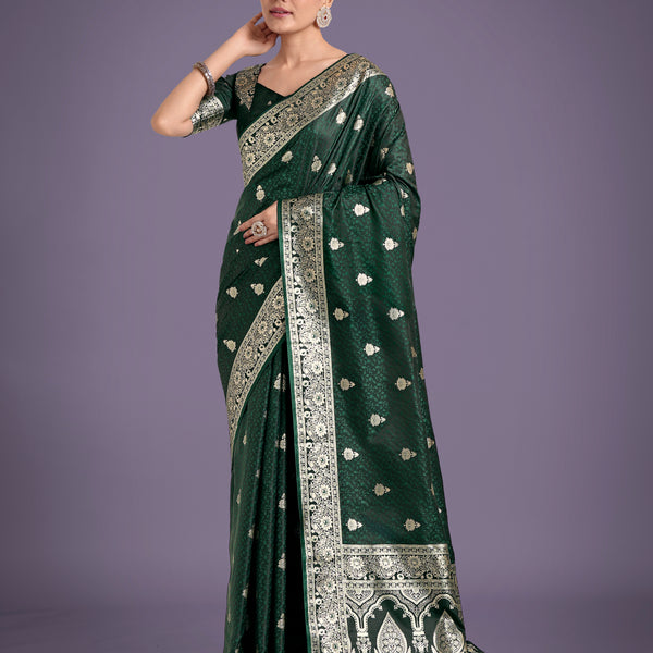 Monjolika Fashion Dark Green Banarasi Satin Silk Saree with Intricate Zari Work with Rich Weaving Pattern - Distacart