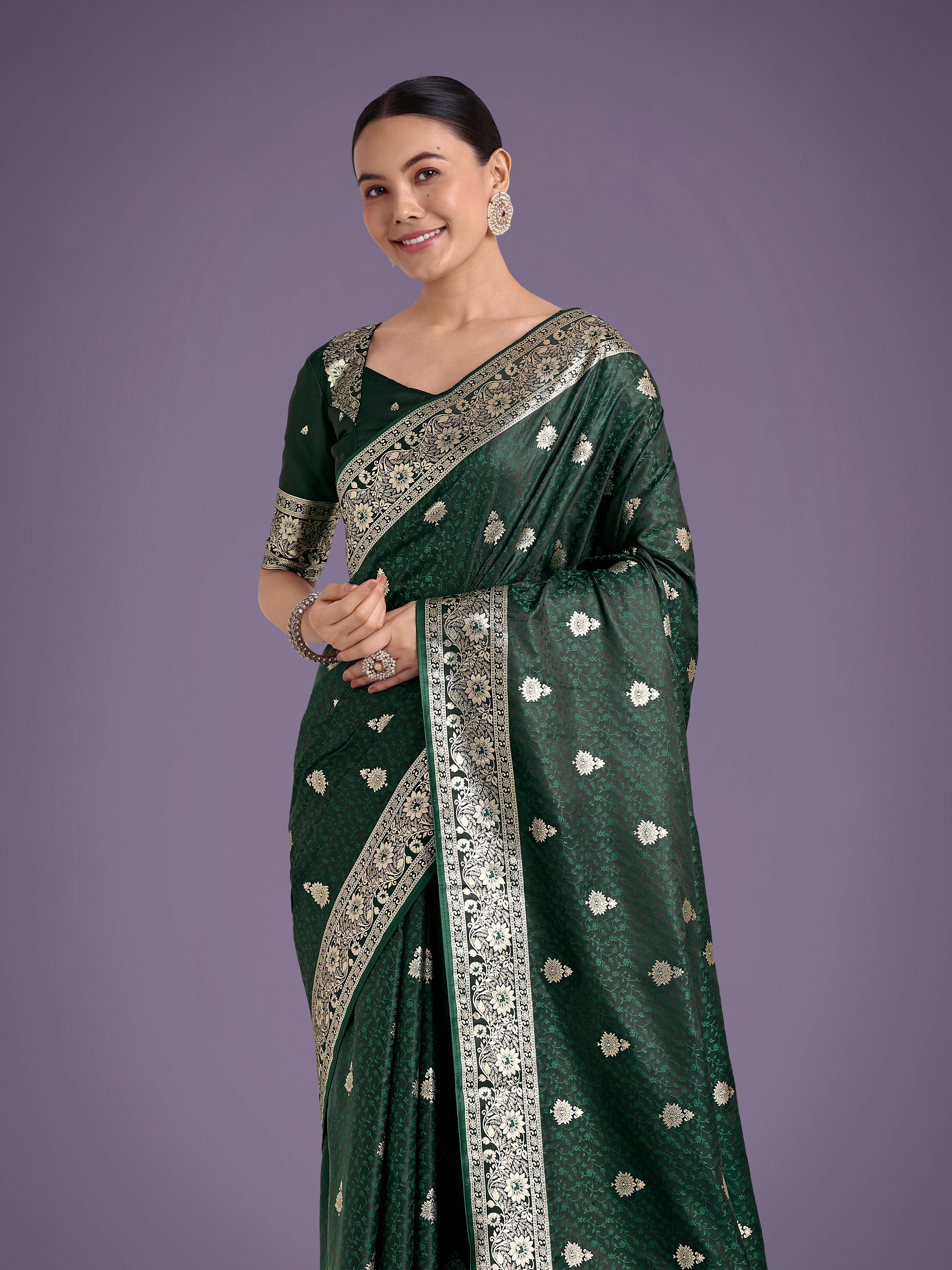 Monjolika Fashion Dark Green Banarasi Satin Silk Saree with Intricate Zari Work with Rich Weaving Pattern