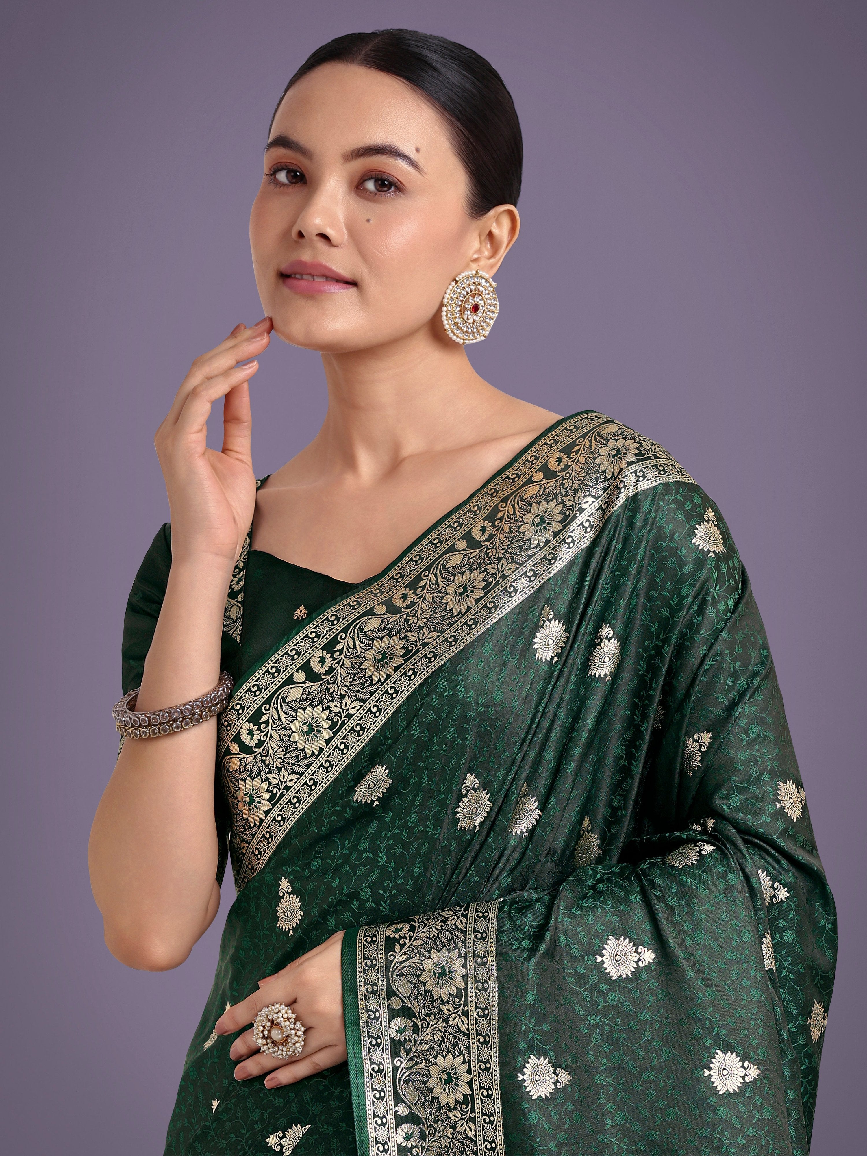 Monjolika Fashion Dark Green Banarasi Satin Silk Saree with Intricate Zari Work with Rich Weaving Pattern