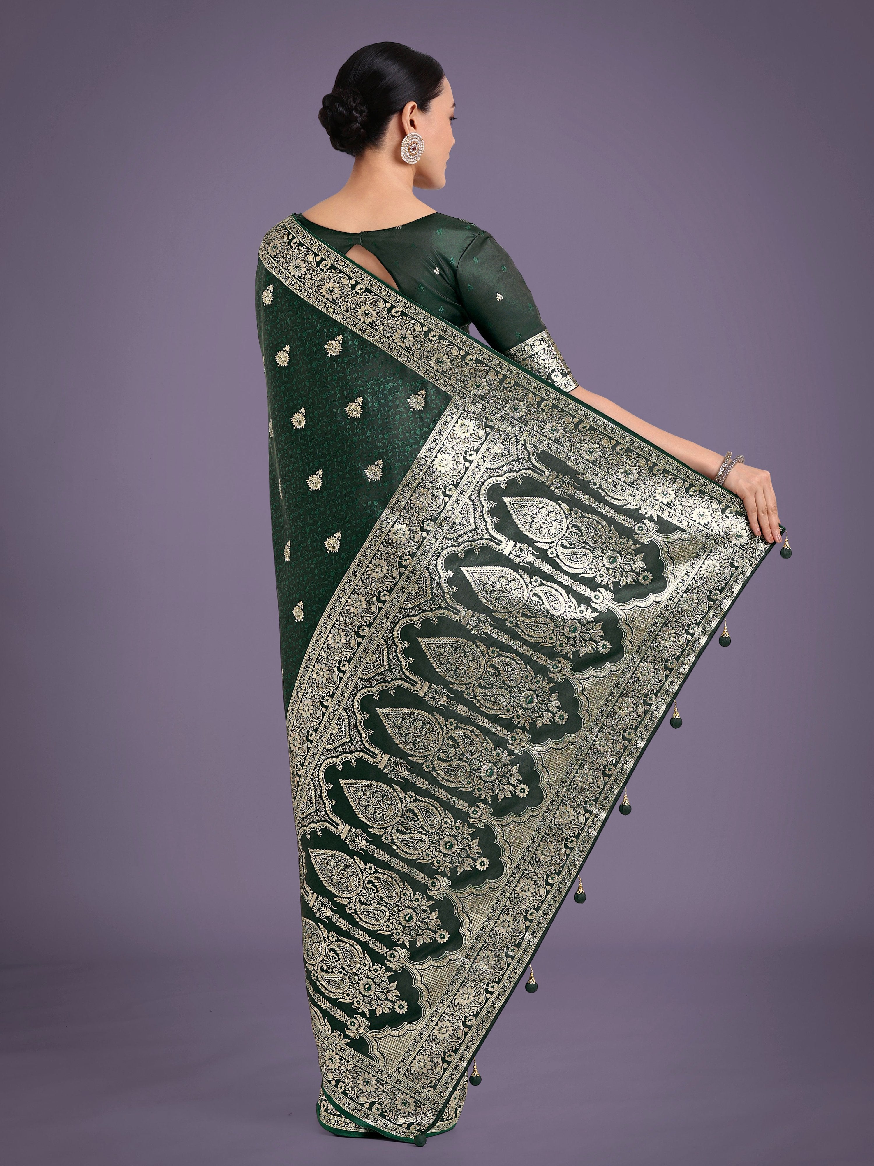 Monjolika Fashion Dark Green Banarasi Satin Silk Saree with Intricate Zari Work with Rich Weaving Pattern