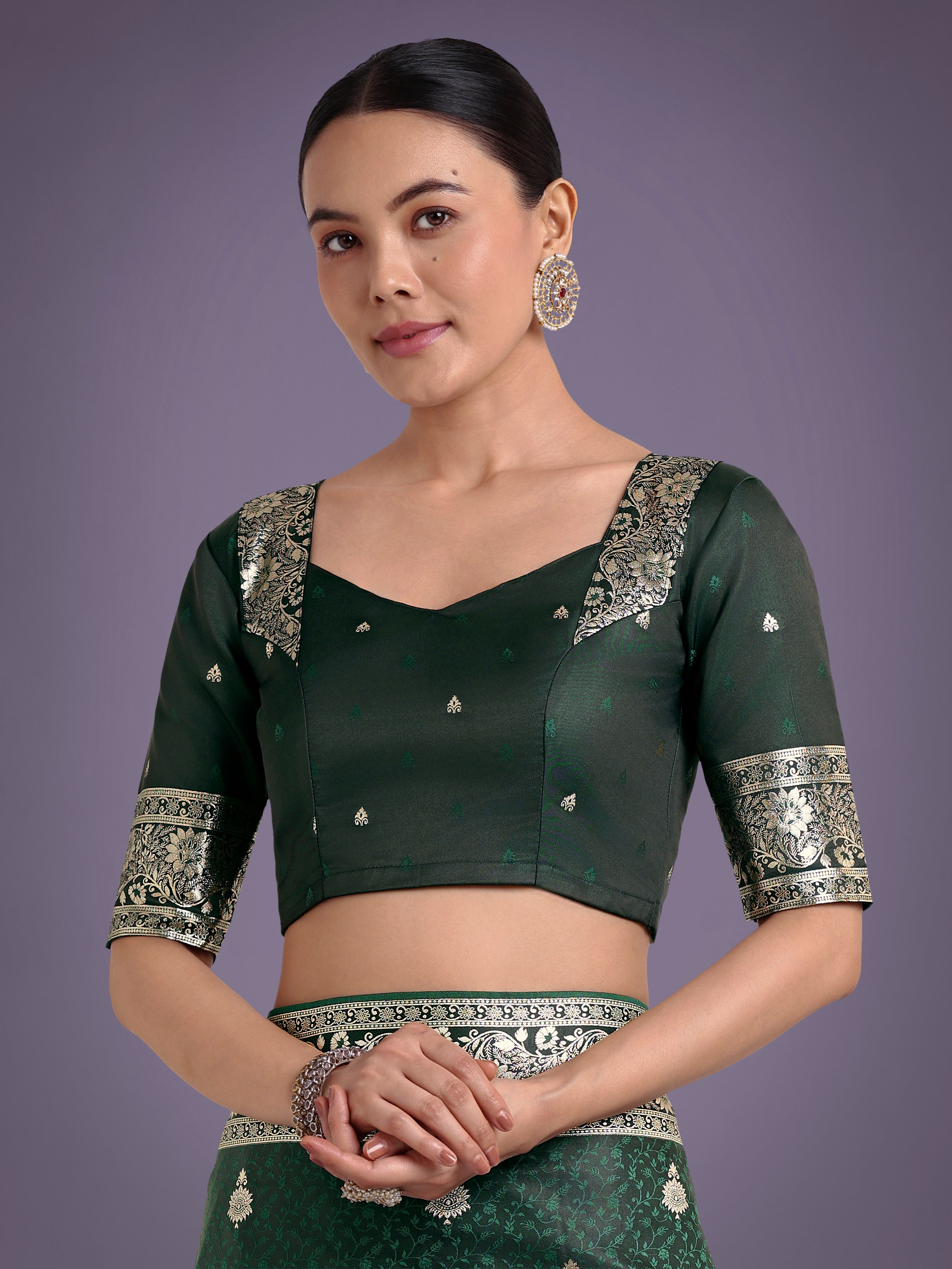 Monjolika Fashion Dark Green Banarasi Satin Silk Saree with Intricate Zari Work with Rich Weaving Pattern