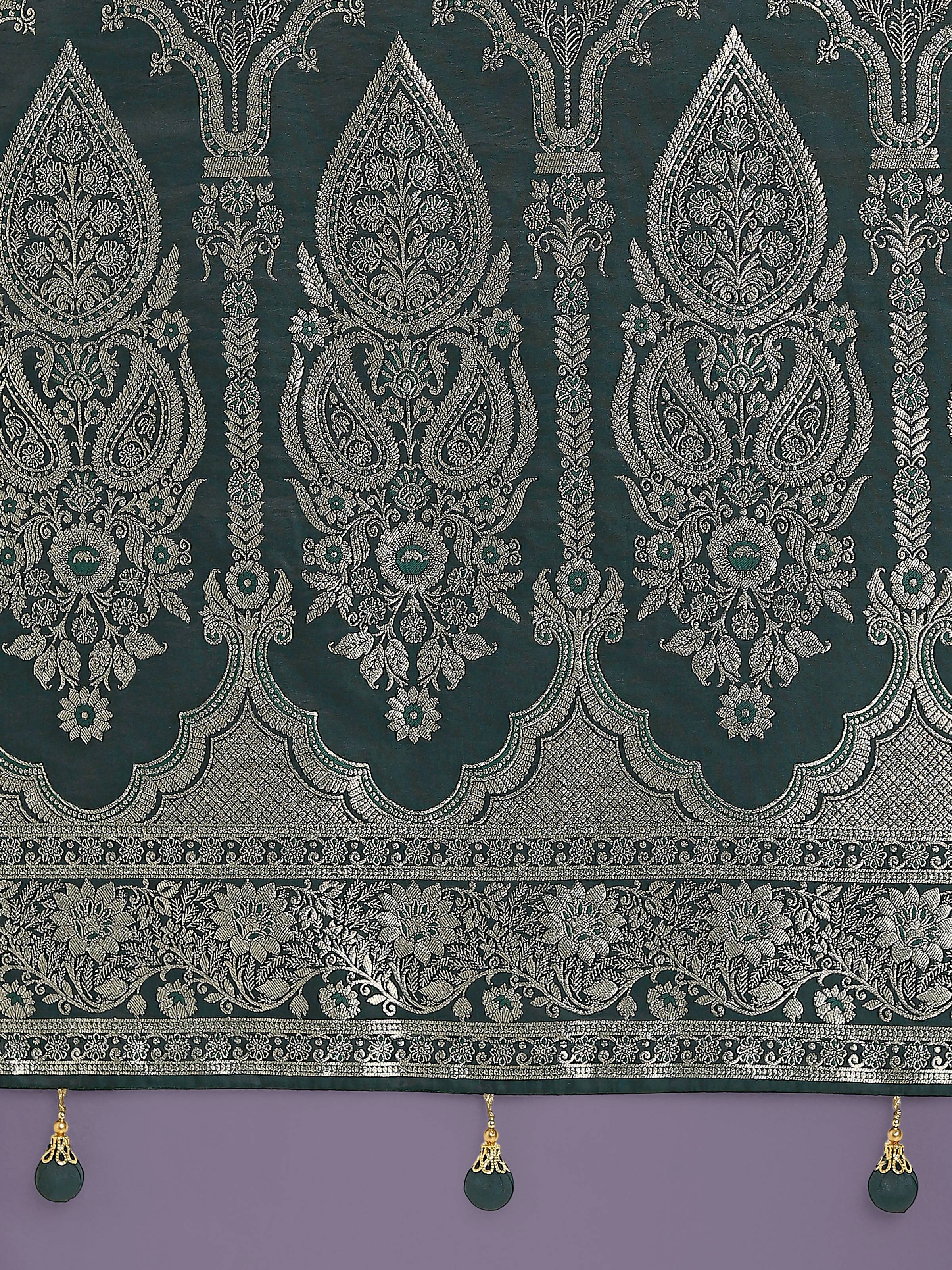 Monjolika Fashion Dark Green Banarasi Satin Silk Saree with Intricate Zari Work with Rich Weaving Pattern