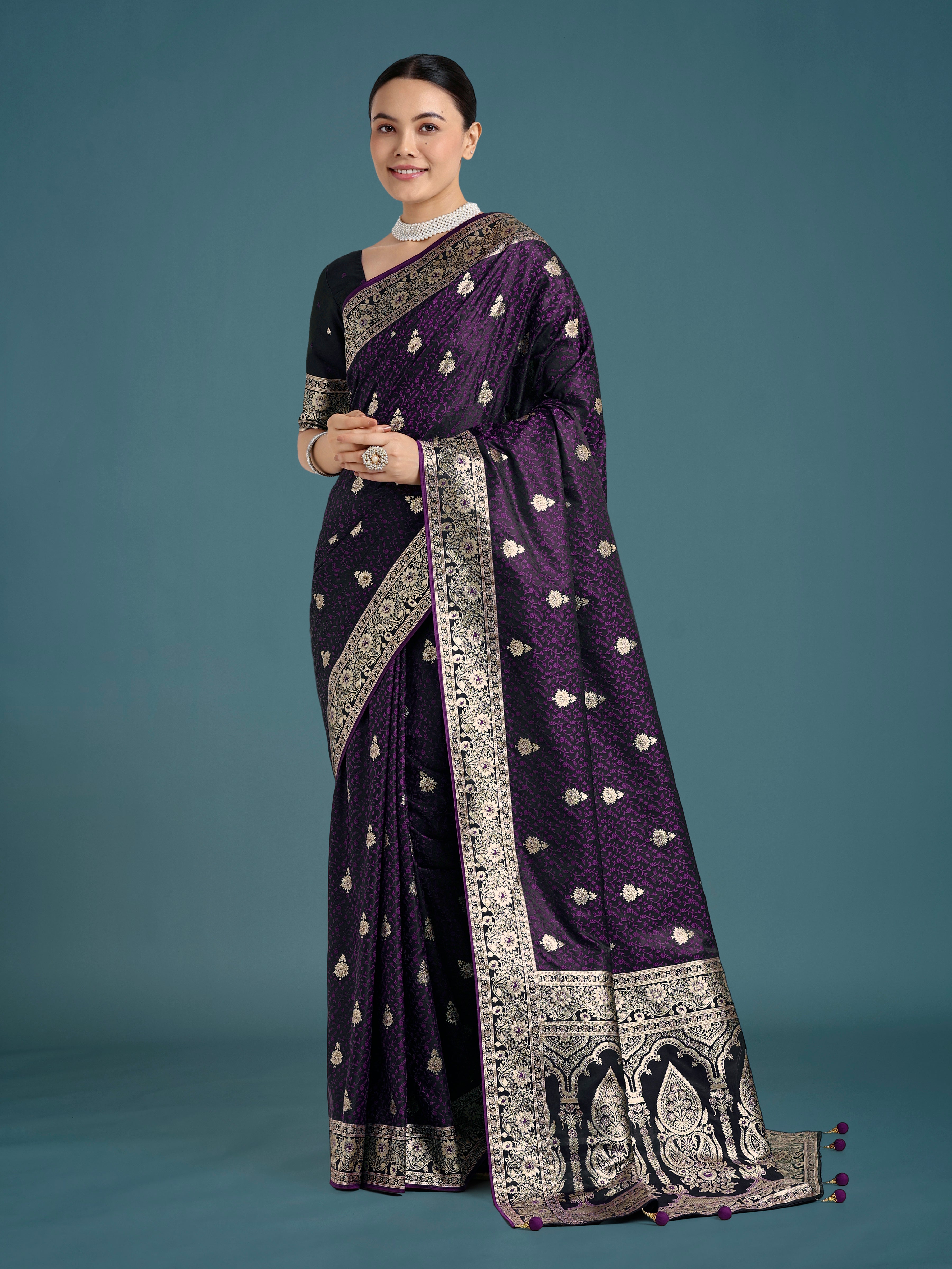 Monjolika Fashion Purple Banarasi Satin Silk Saree with Intricate Zari Work with Rich Weaving Pattern