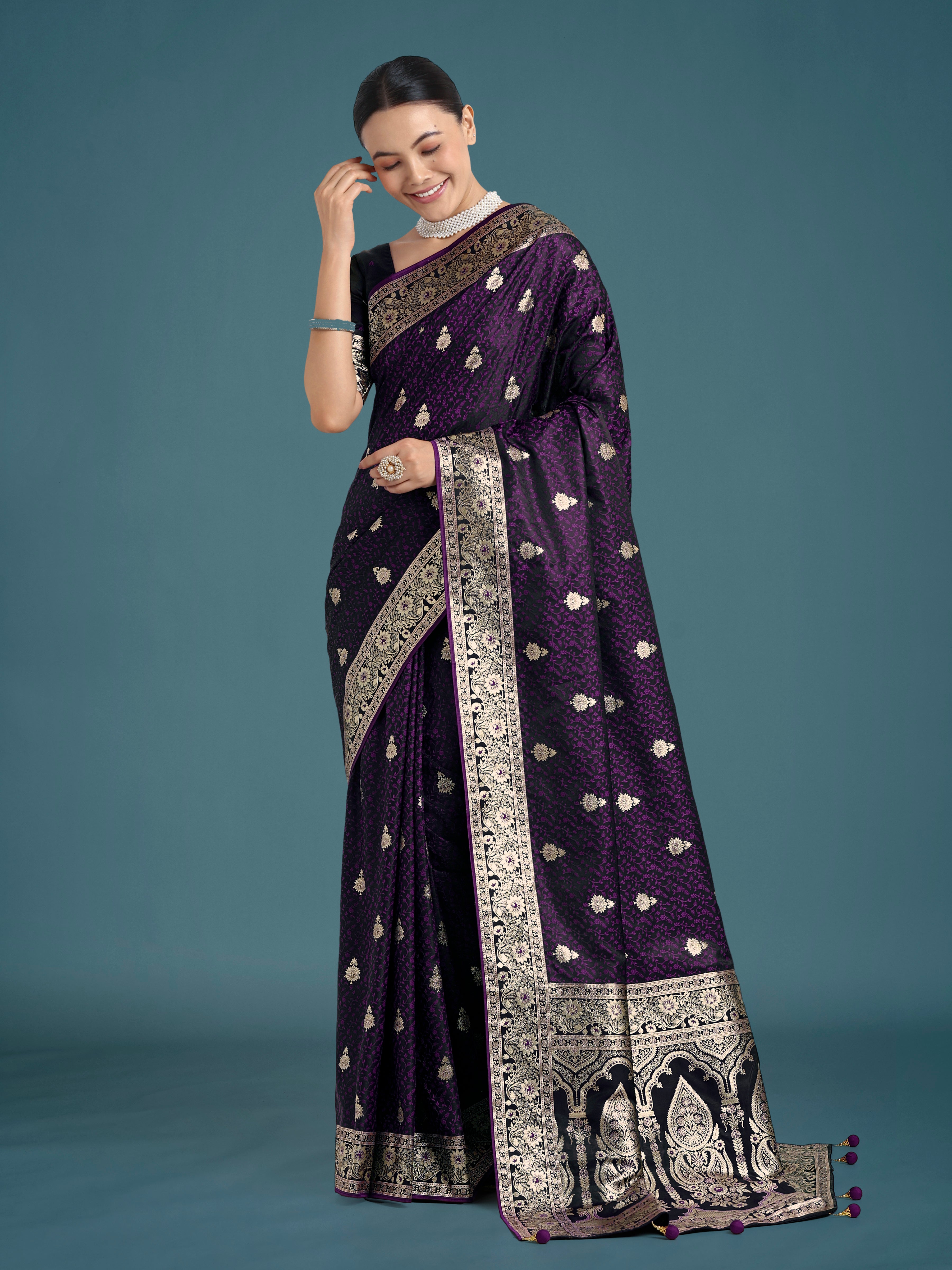 Monjolika Fashion Purple Banarasi Satin Silk Saree with Intricate Zari Work with Rich Weaving Pattern