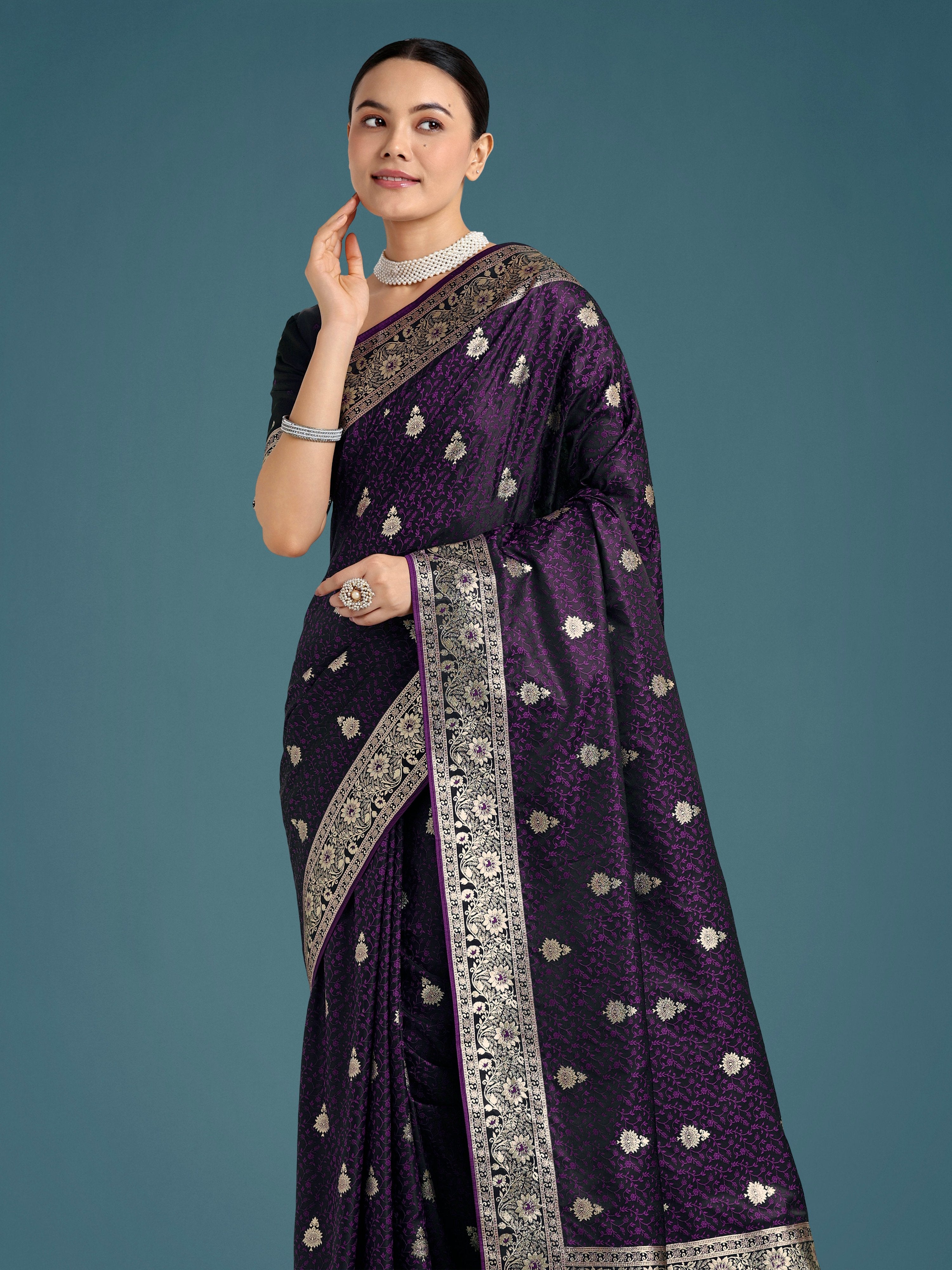 Monjolika Fashion Purple Banarasi Satin Silk Saree with Intricate Zari Work with Rich Weaving Pattern
