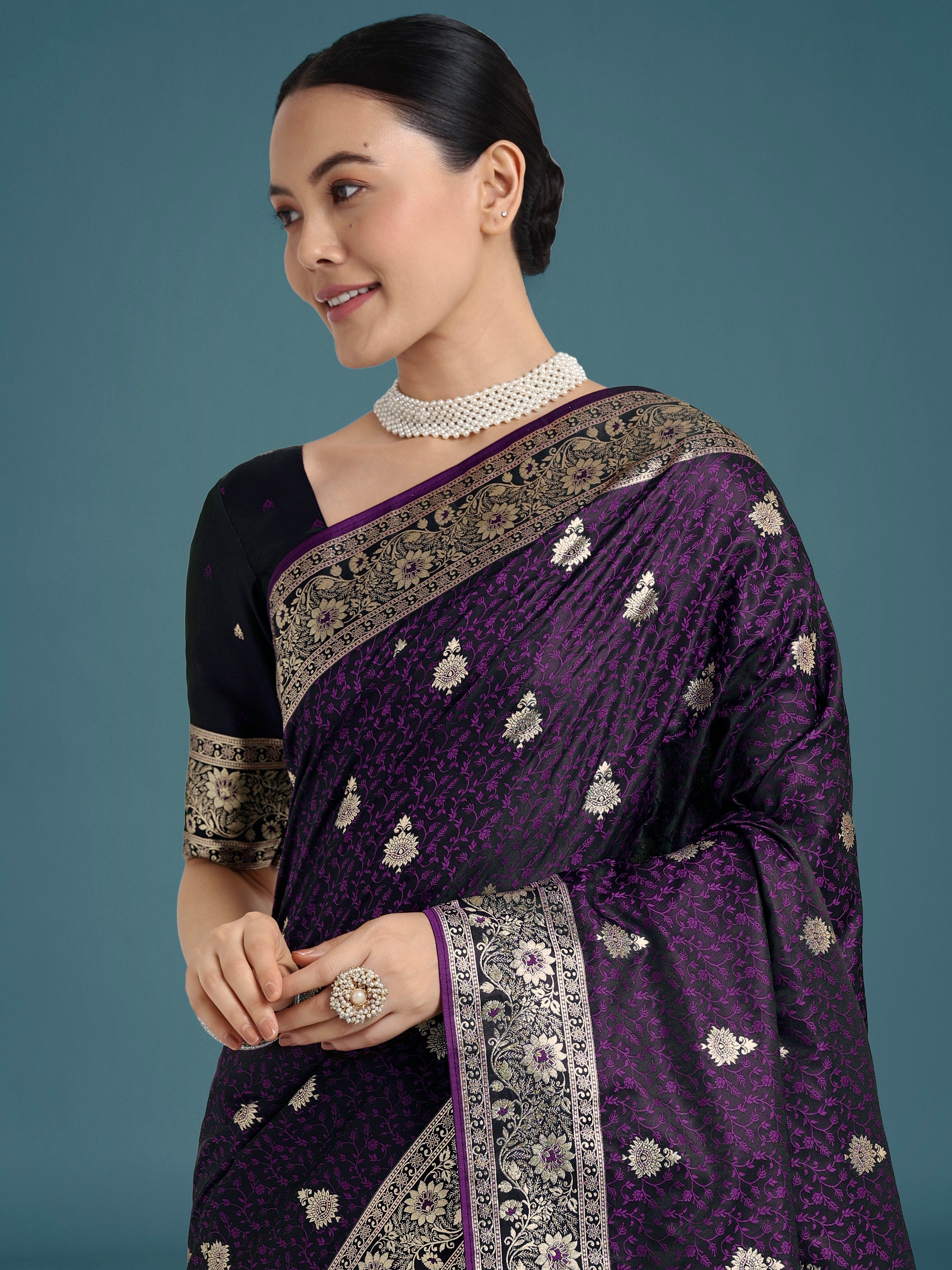 Monjolika Fashion Purple Banarasi Satin Silk Saree with Intricate Zari Work with Rich Weaving Pattern