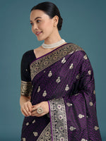Thumbnail for Monjolika Fashion Purple Banarasi Satin Silk Saree with Intricate Zari Work with Rich Weaving Pattern