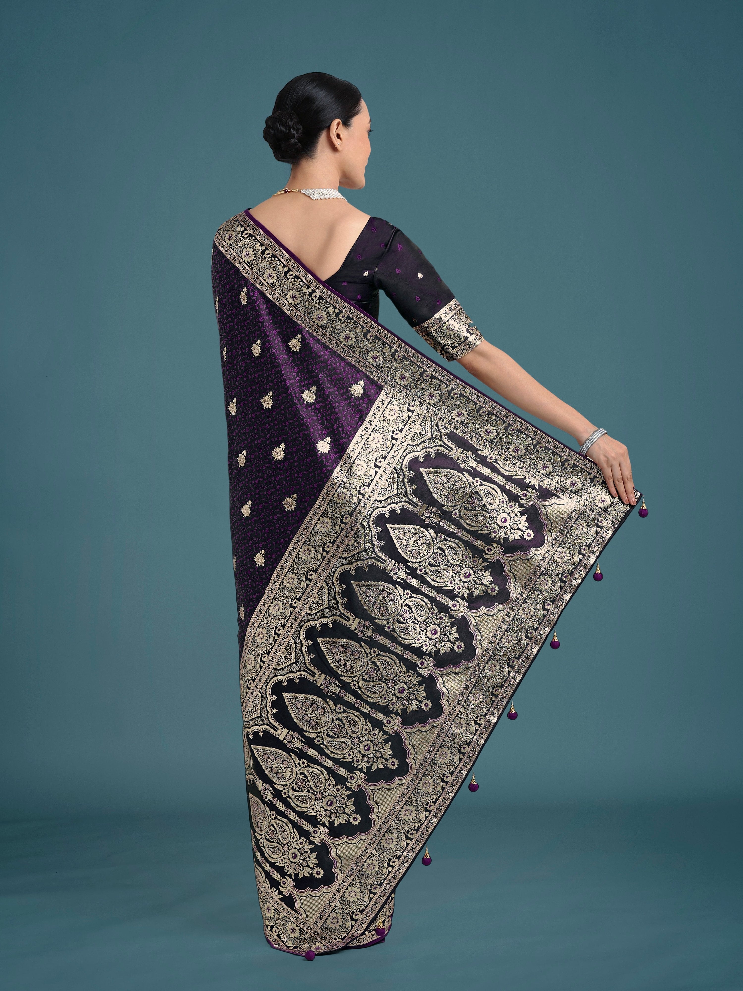 Monjolika Fashion Purple Banarasi Satin Silk Saree with Intricate Zari Work with Rich Weaving Pattern