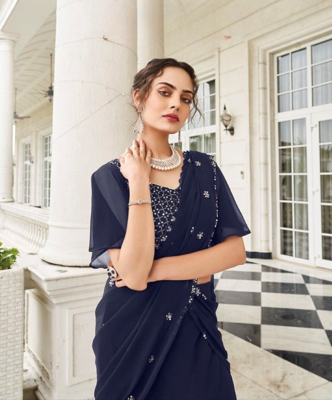 Anaita Navy Georgette Lehenga Choli With Sequence & Thread Work - Distacart