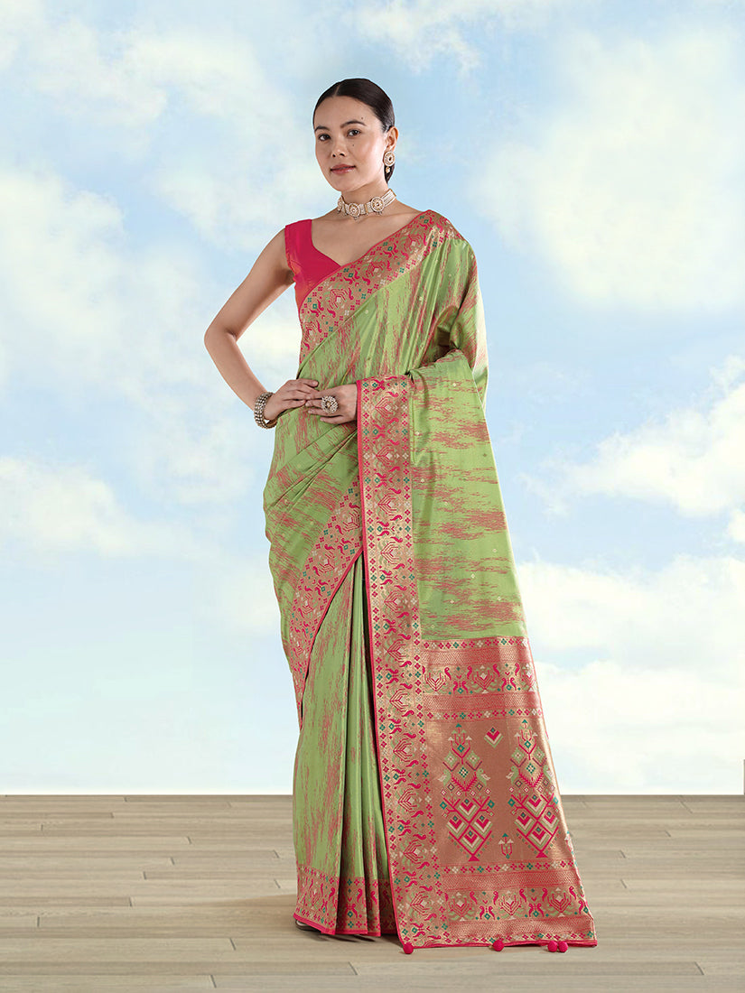 Monjolika Fashion Light Green Color Banarasi Tissue Silk Paithani Woven Saree - Distacart