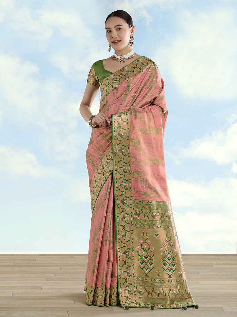 Monjolika Fashion Light Pink Color Banarasi Tissue Silk Paithani Woven Saree - Distacart