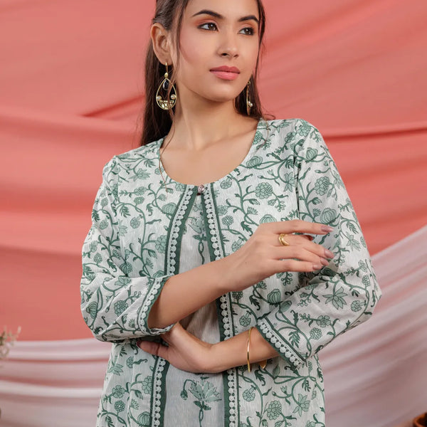 Yufta Green Floral Print Cotton A-Line Kurta Sets Add-On Jacket - Distacart
