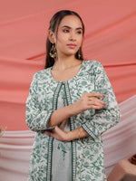 Thumbnail for Yufta Green Floral Print Cotton A-Line Kurta Sets Add-On Jacket