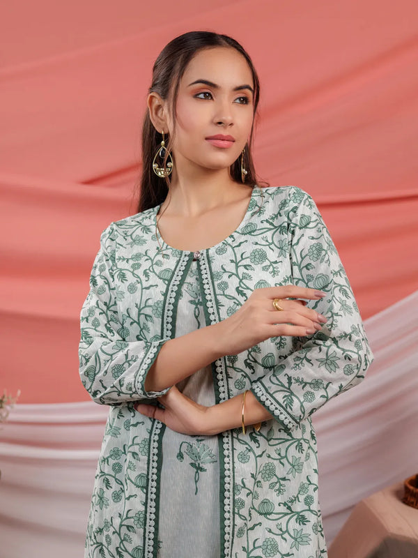 Yufta Green Floral Print Cotton A-Line Kurta Sets Add-On Jacket