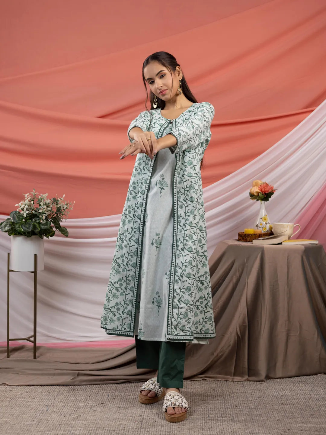 Yufta Green Floral Print Cotton A-Line Kurta Sets Add-On Jacket - Distacart