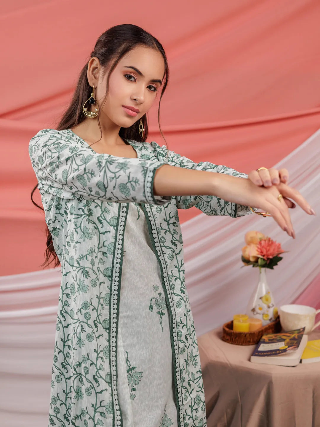 Yufta Green Floral Print Cotton A-Line Kurta Sets Add-On Jacket