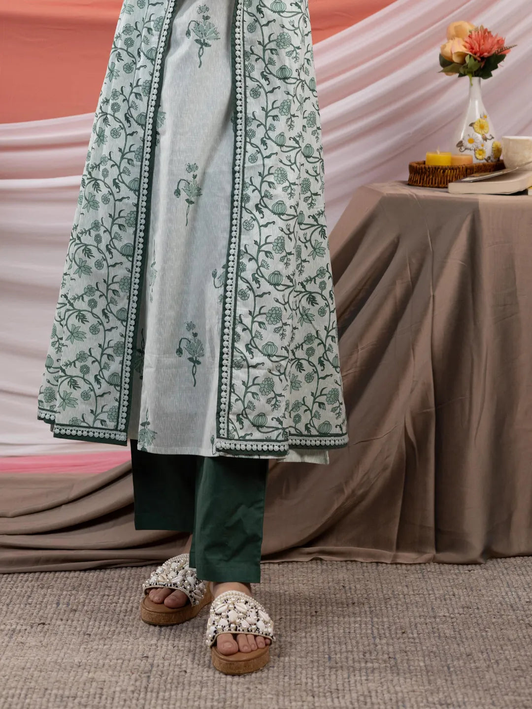 Yufta Green Floral Print Cotton A-Line Kurta Sets Add-On Jacket