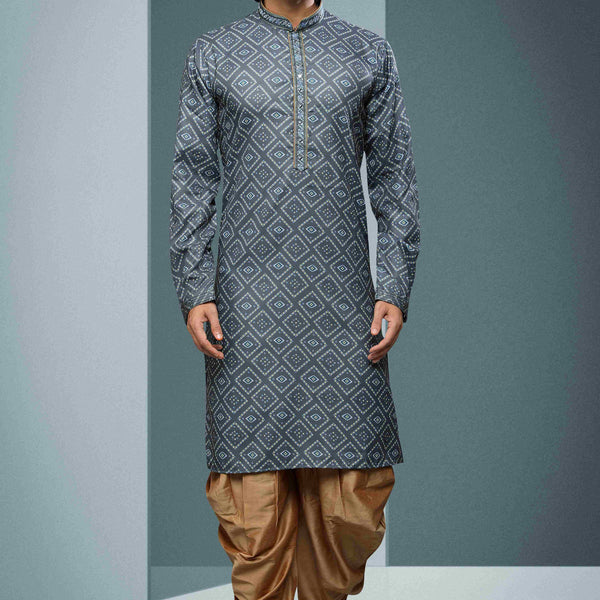 Raivat Ethnic Cotton Digital Print Mirror Work Kurta Pajama In Grey Colour
