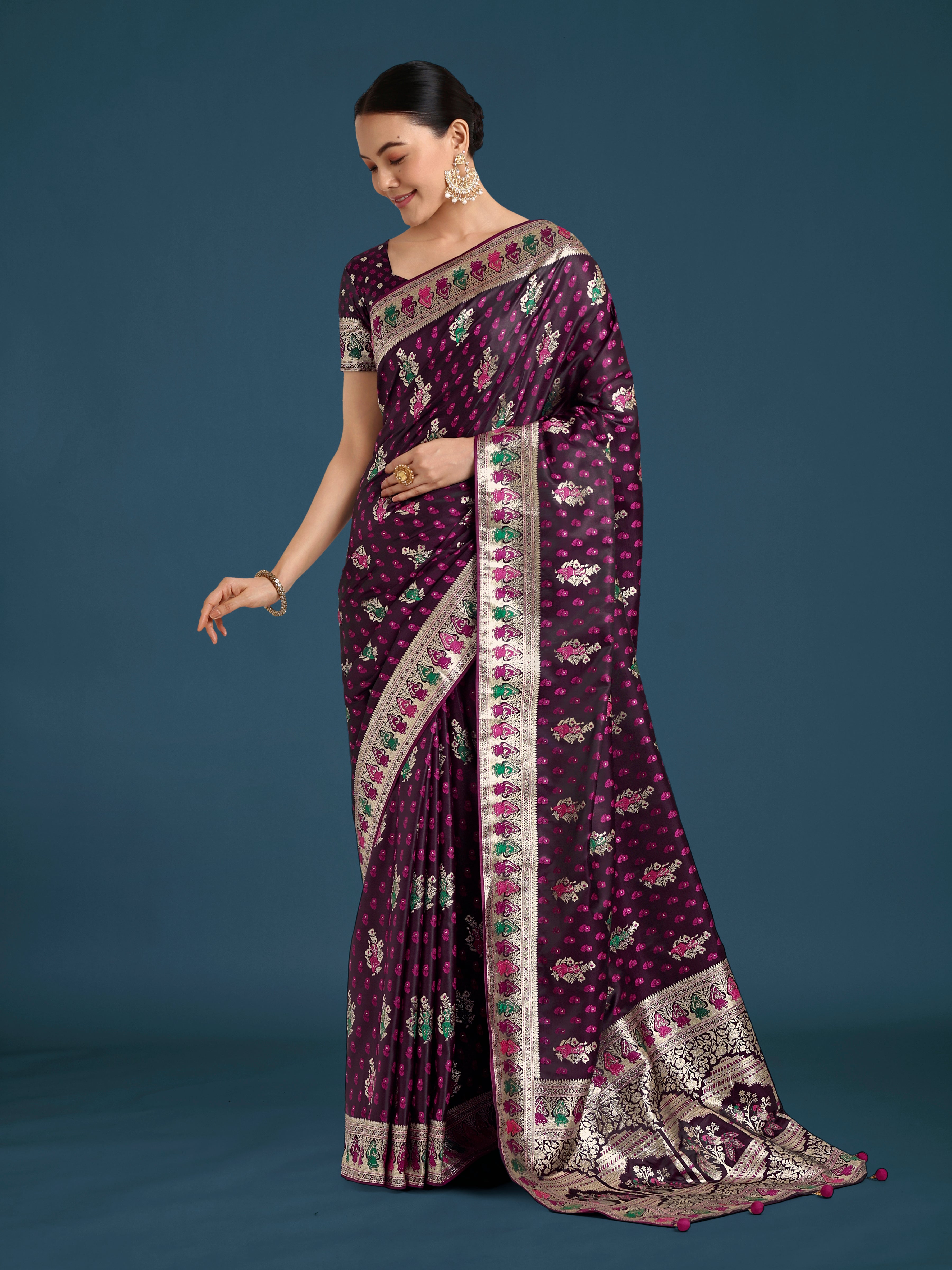 Monjolika Fashion Wine With Gold Bordar Banarasi Zari Woven Satin Saree