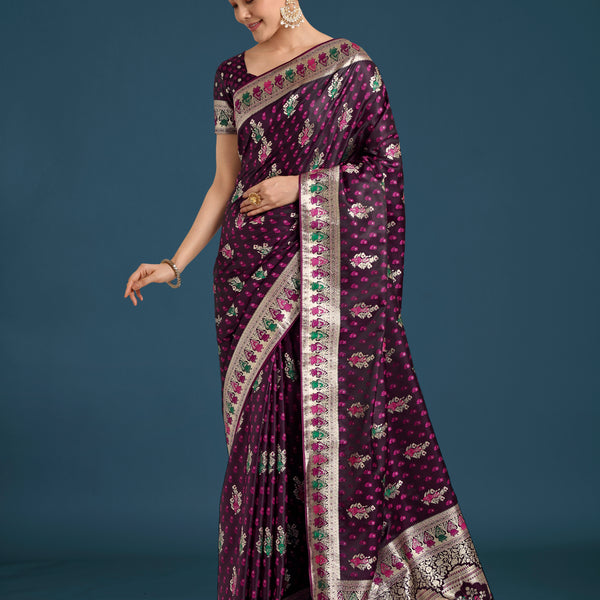 Monjolika Fashion Wine With Gold Bordar Banarasi Zari Woven Satin Saree - Distacart
