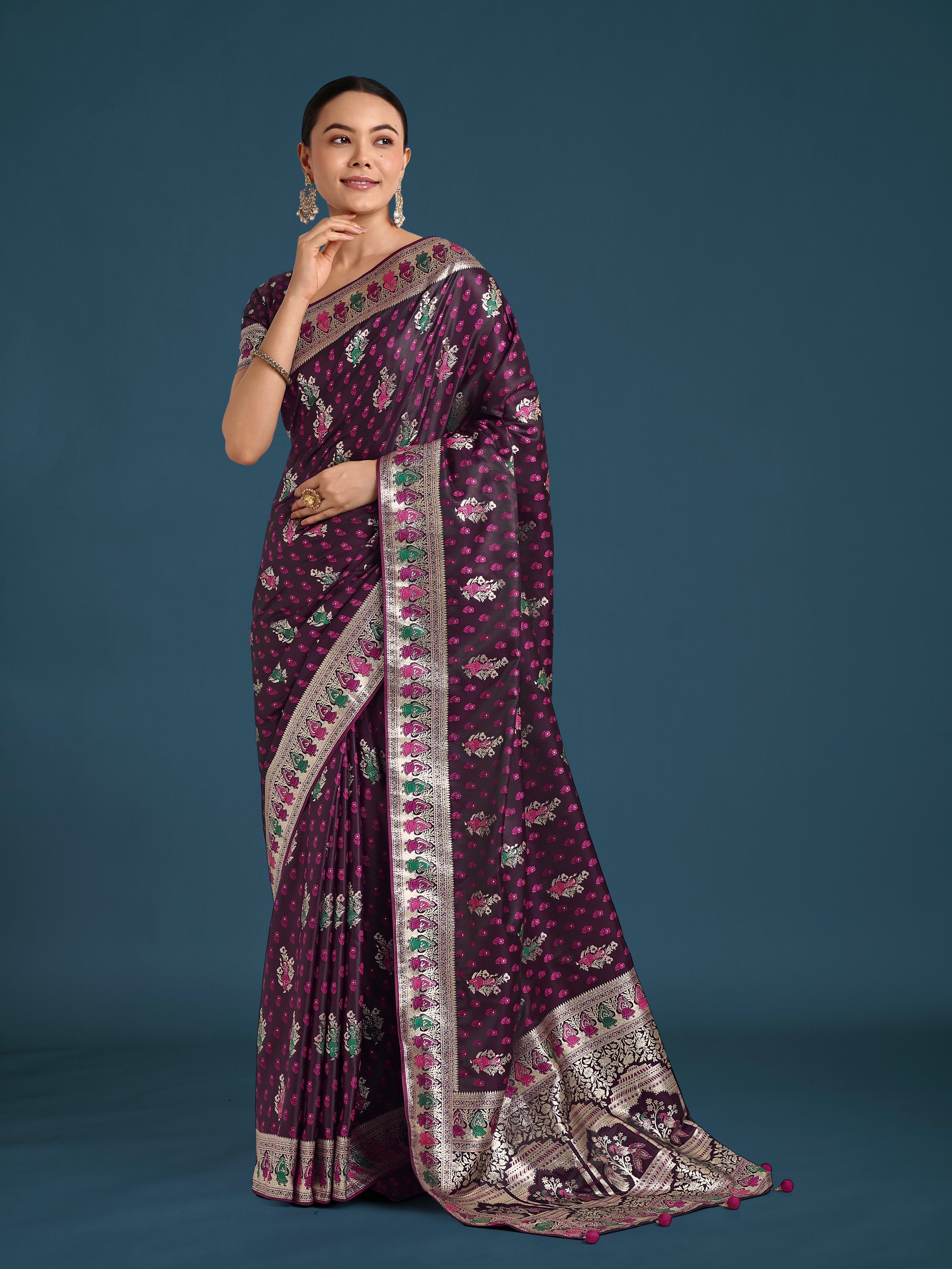 Monjolika Fashion Wine With Gold Bordar Banarasi Zari Woven Satin Saree