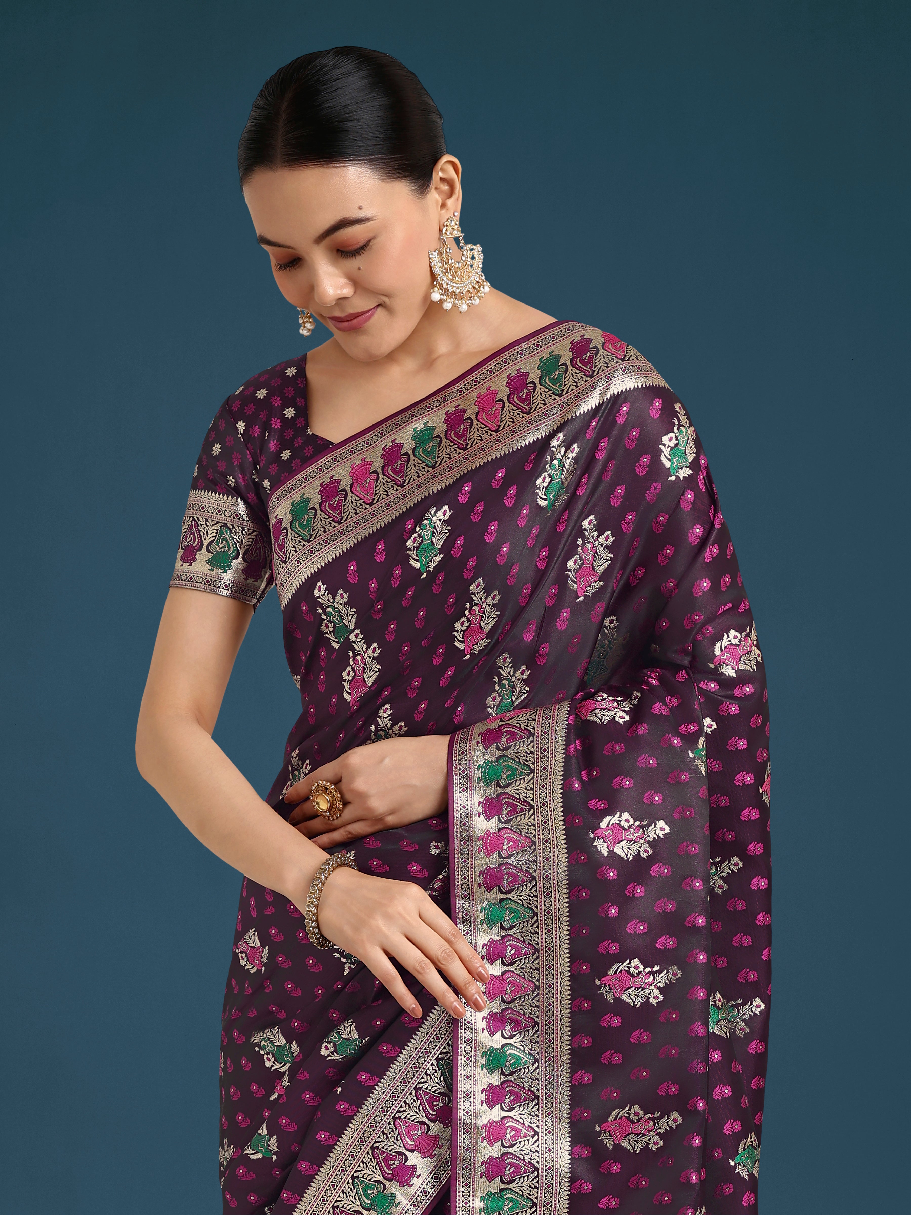 Monjolika Fashion Wine With Gold Bordar Banarasi Zari Woven Satin Saree